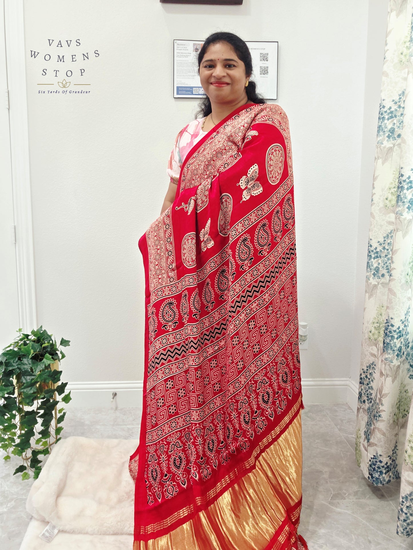 Vintage Ajrakh Semi Modal Silk Saree with Stitched Blouse Size 38-44