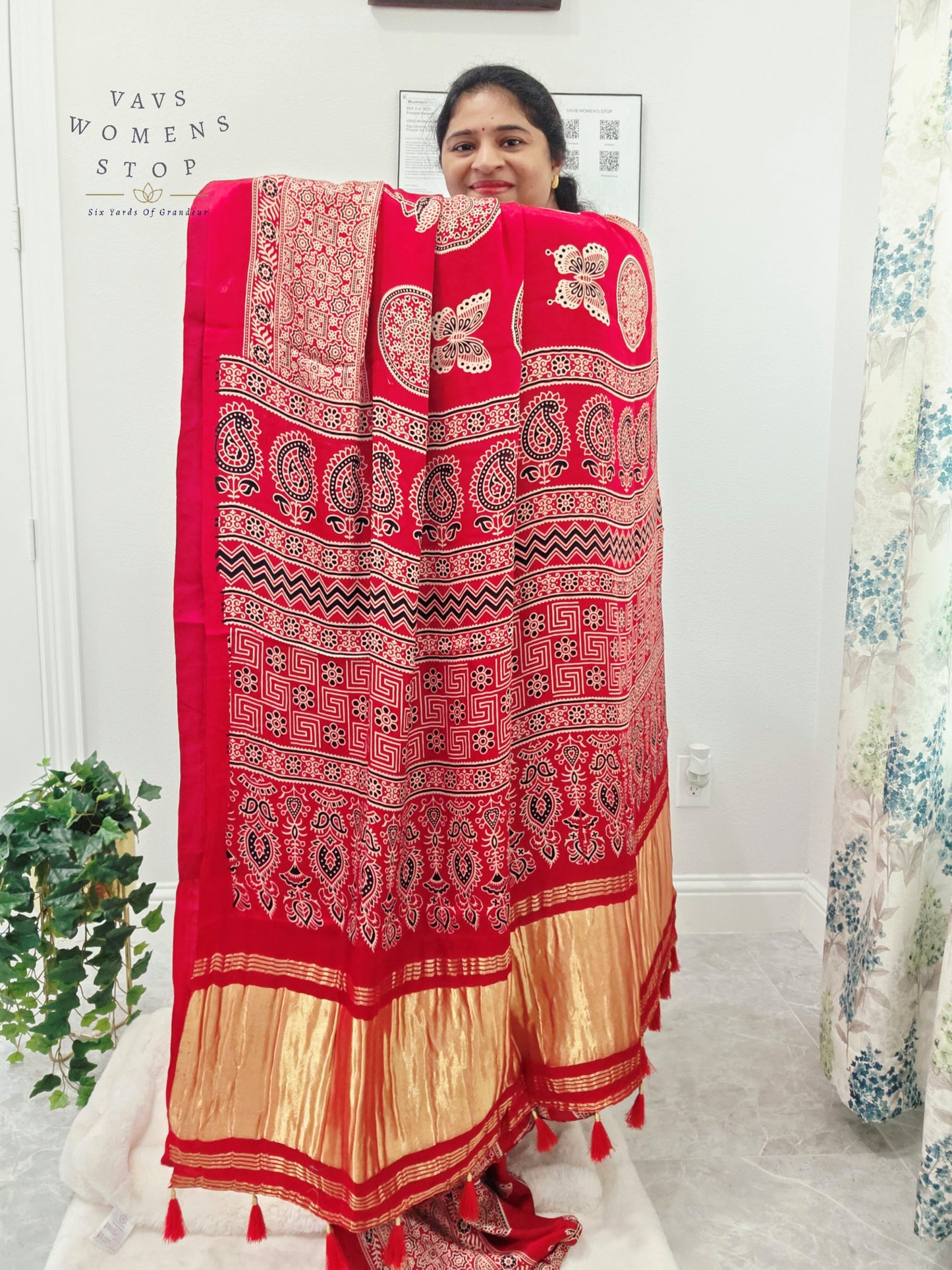 Vintage Ajrakh Semi Modal Silk Saree with Stitched Blouse Size 38-44