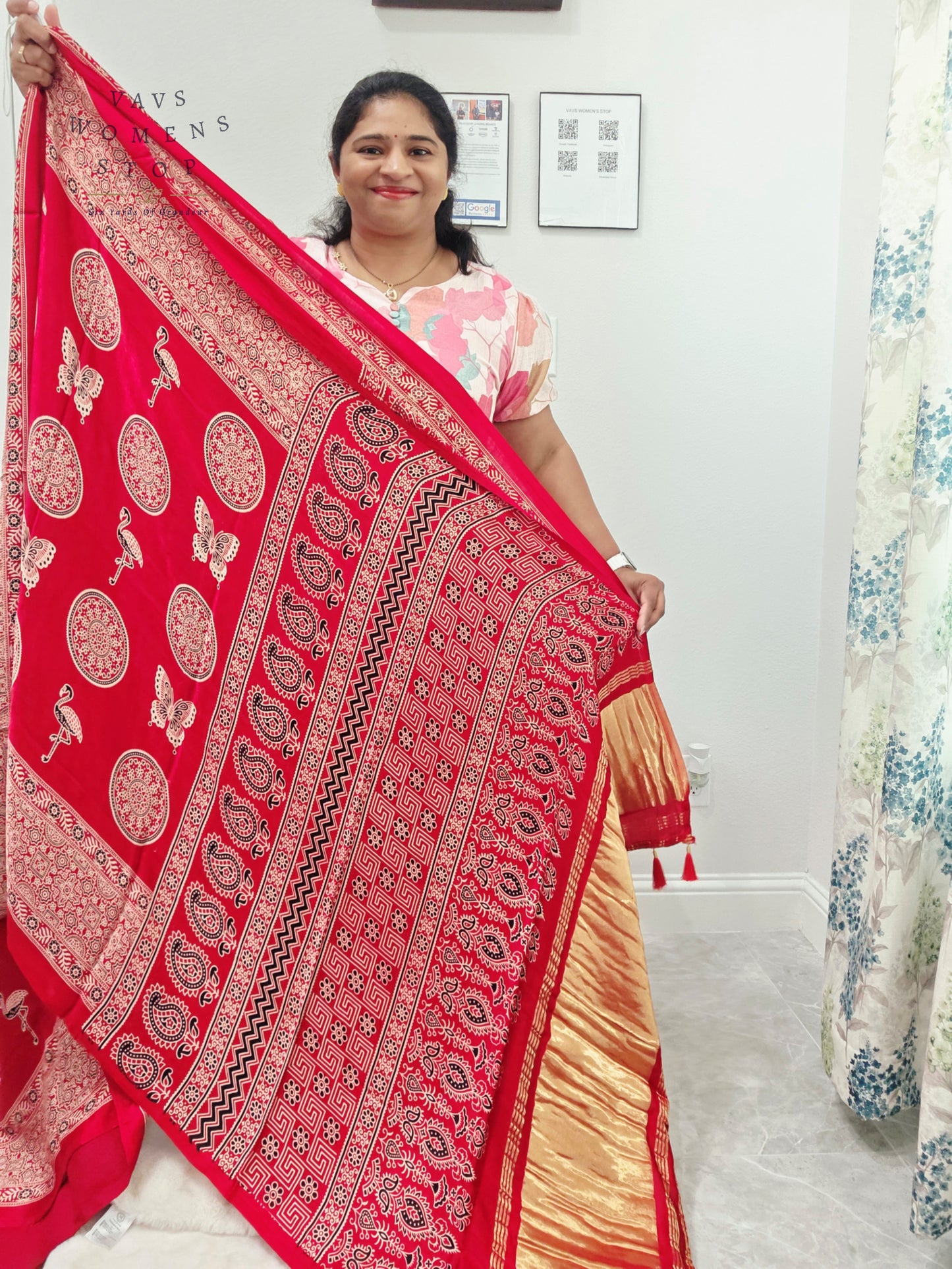 Vintage Ajrakh Semi Modal Silk Saree with Stitched Blouse Size 38-44