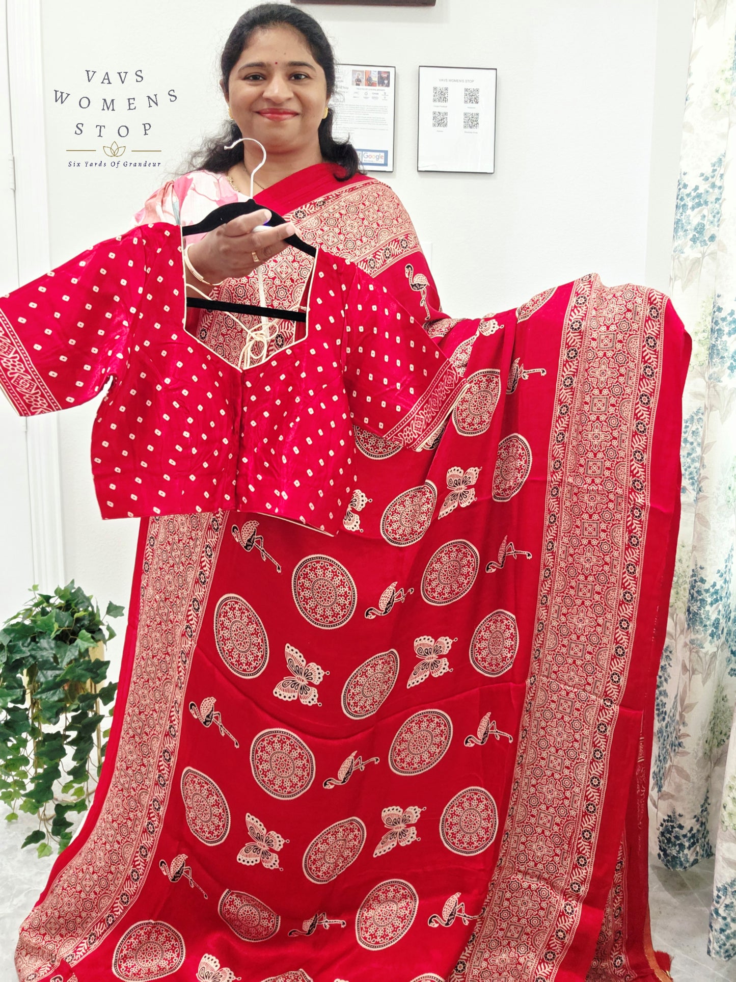 Vintage Ajrakh Semi Modal Silk Saree with Stitched Blouse Size 38-44