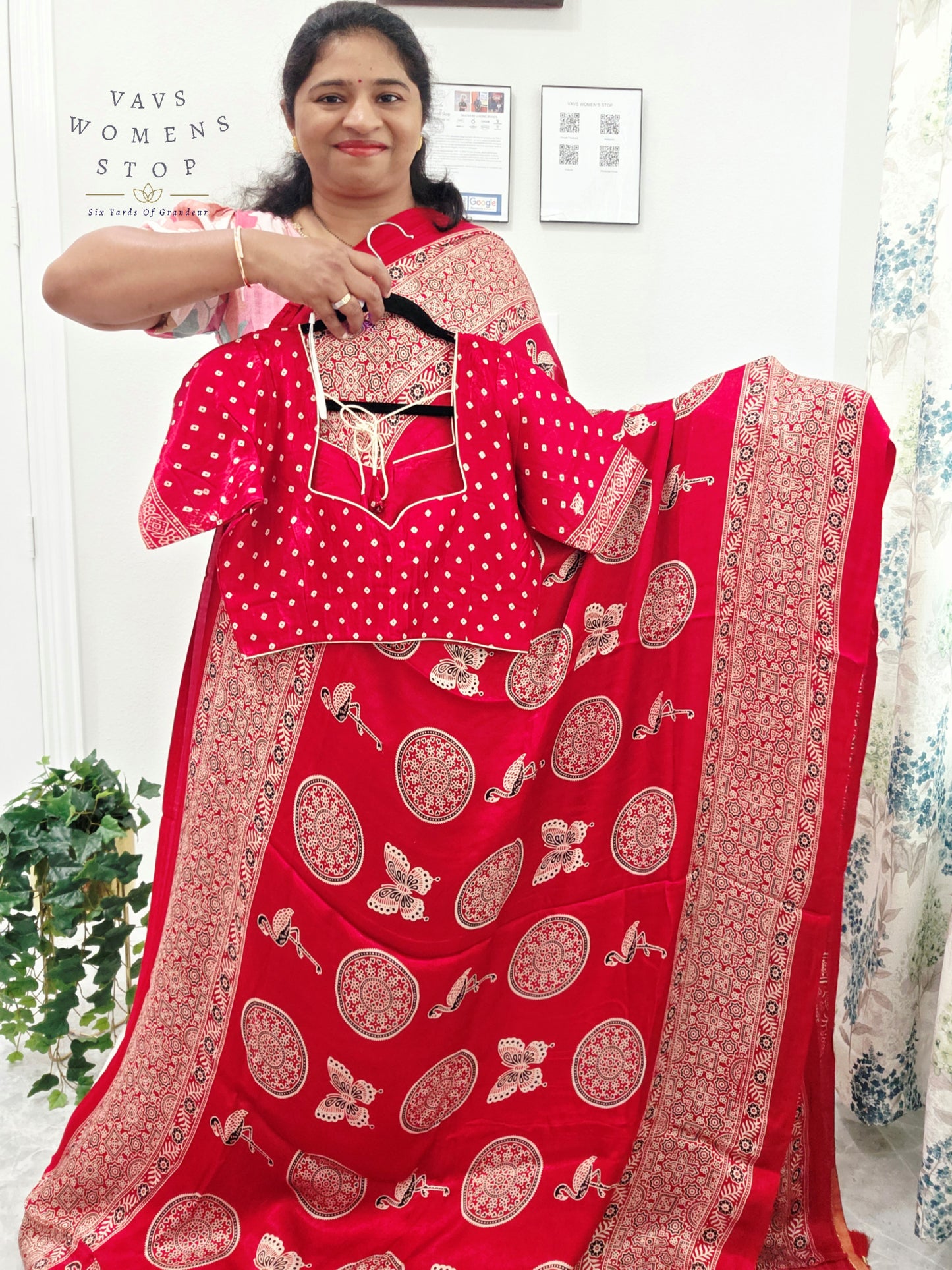 Vintage Ajrakh Semi Modal Silk Saree with Stitched Blouse Size 38-44