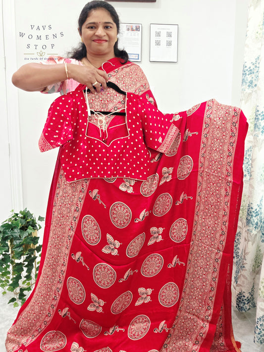 Vintage Ajrakh Semi Modal Silk Saree with Stitched Blouse Size 38-44