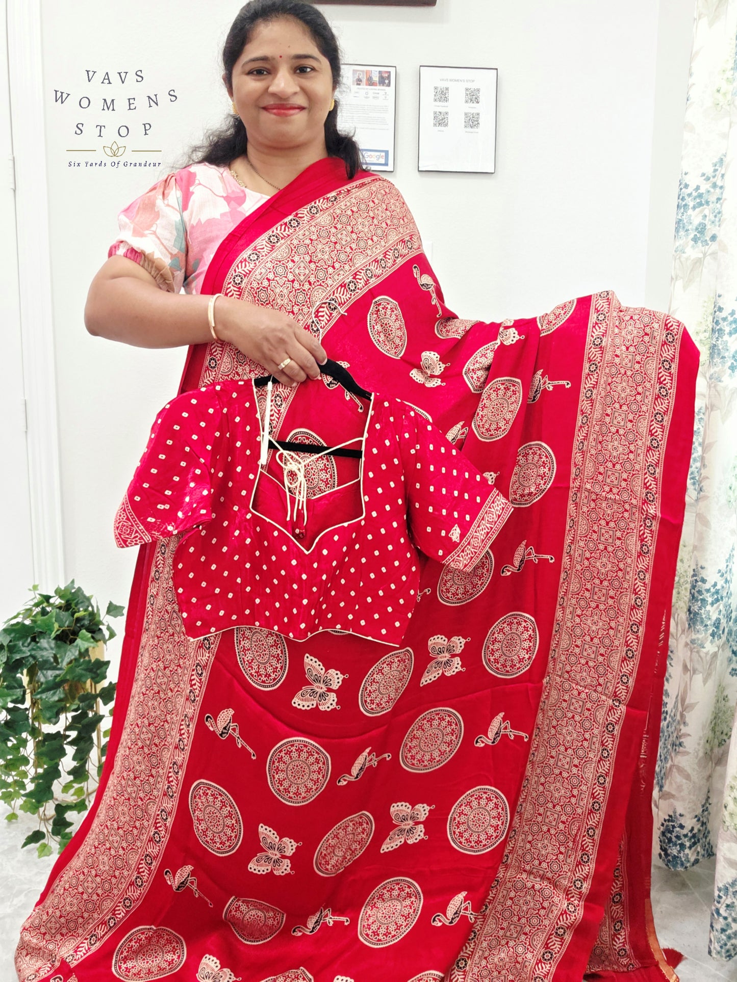 Vintage Ajrakh Semi Modal Silk Saree with Stitched Blouse Size 38-44