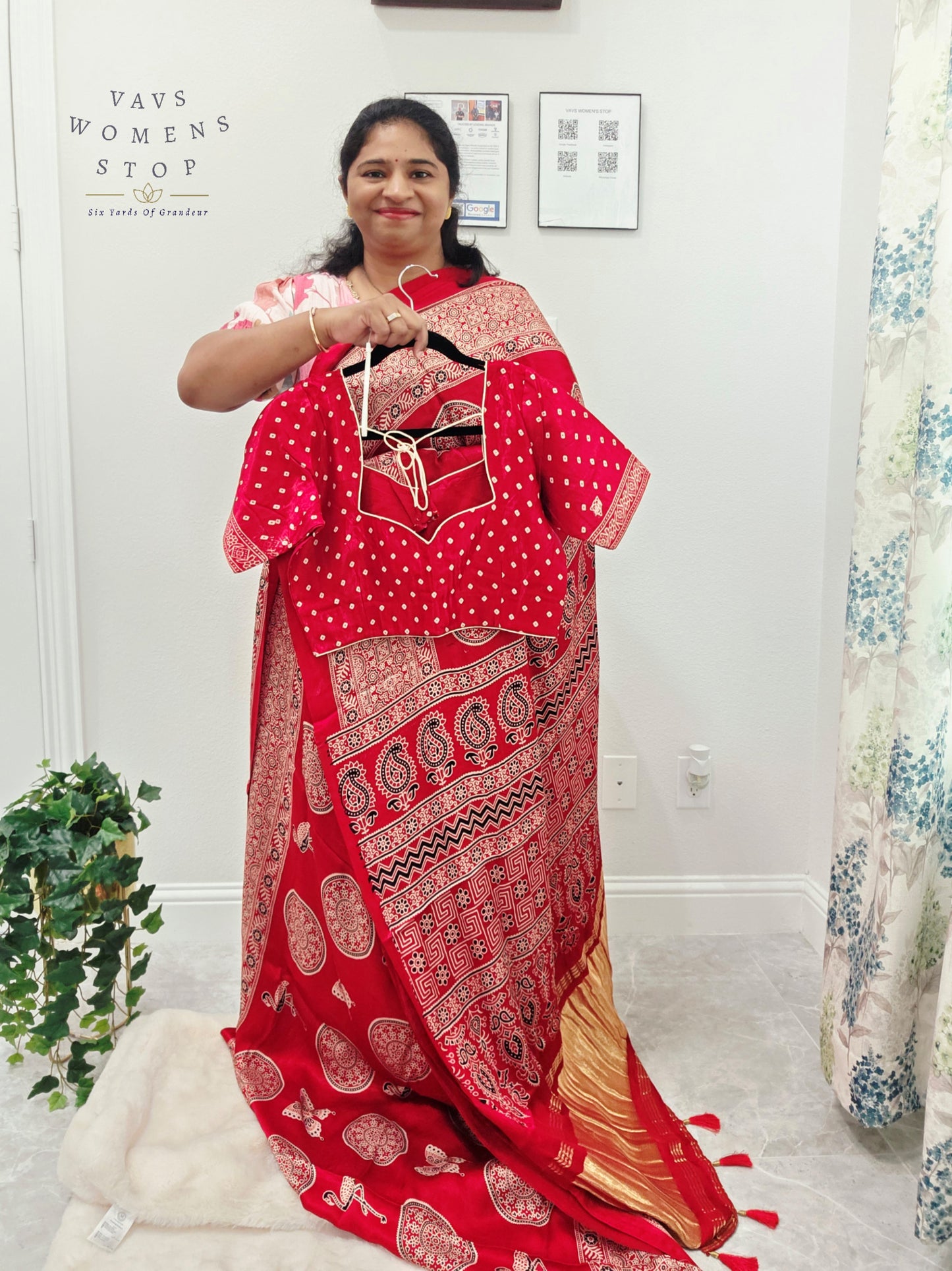 Vintage Ajrakh Semi Modal Silk Saree with Stitched Blouse Size 38-44