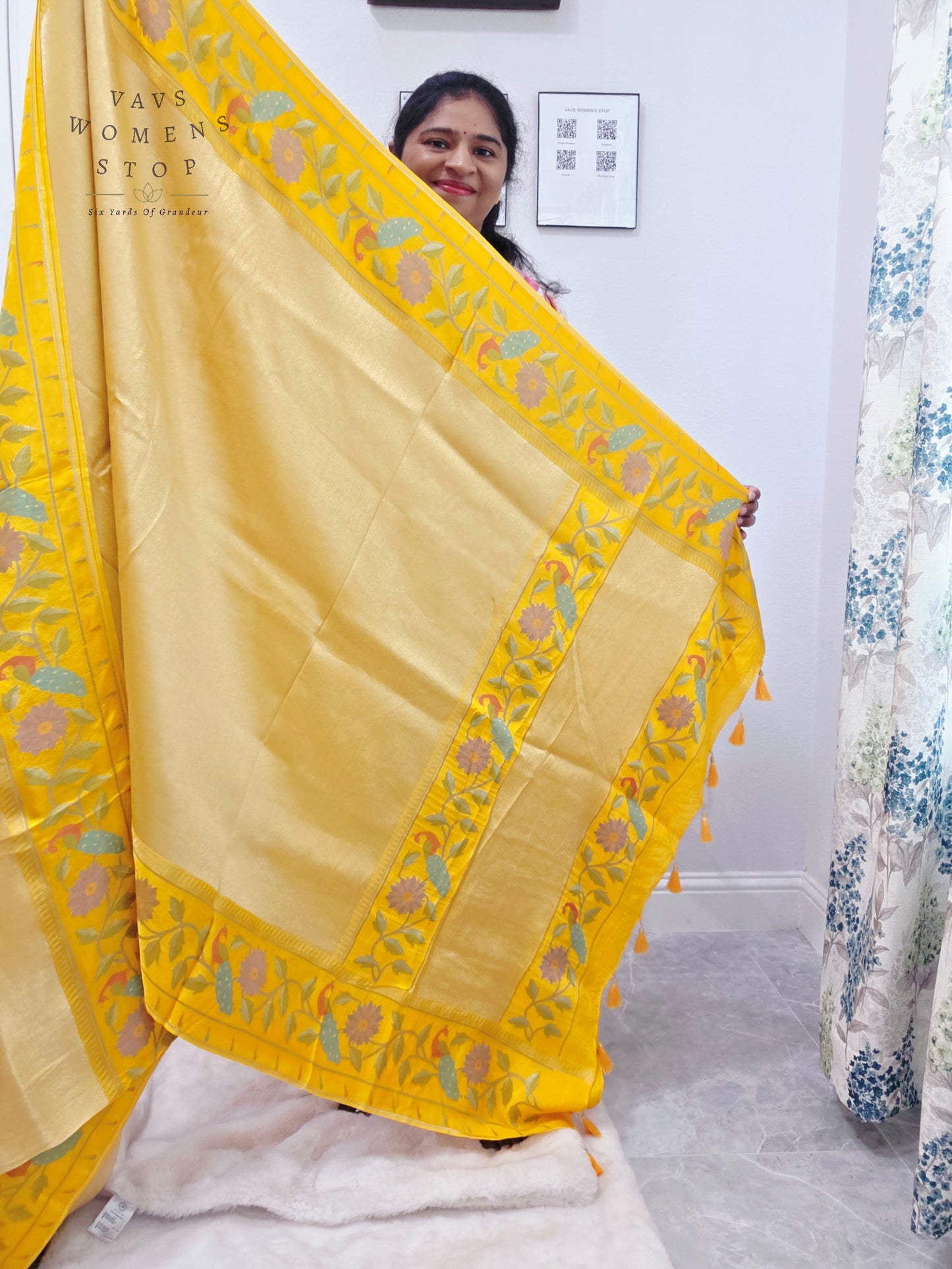 Sunlit Marigold Yellow Tissue Brocade Silk Saree with Floral Border & Stitched Blouse