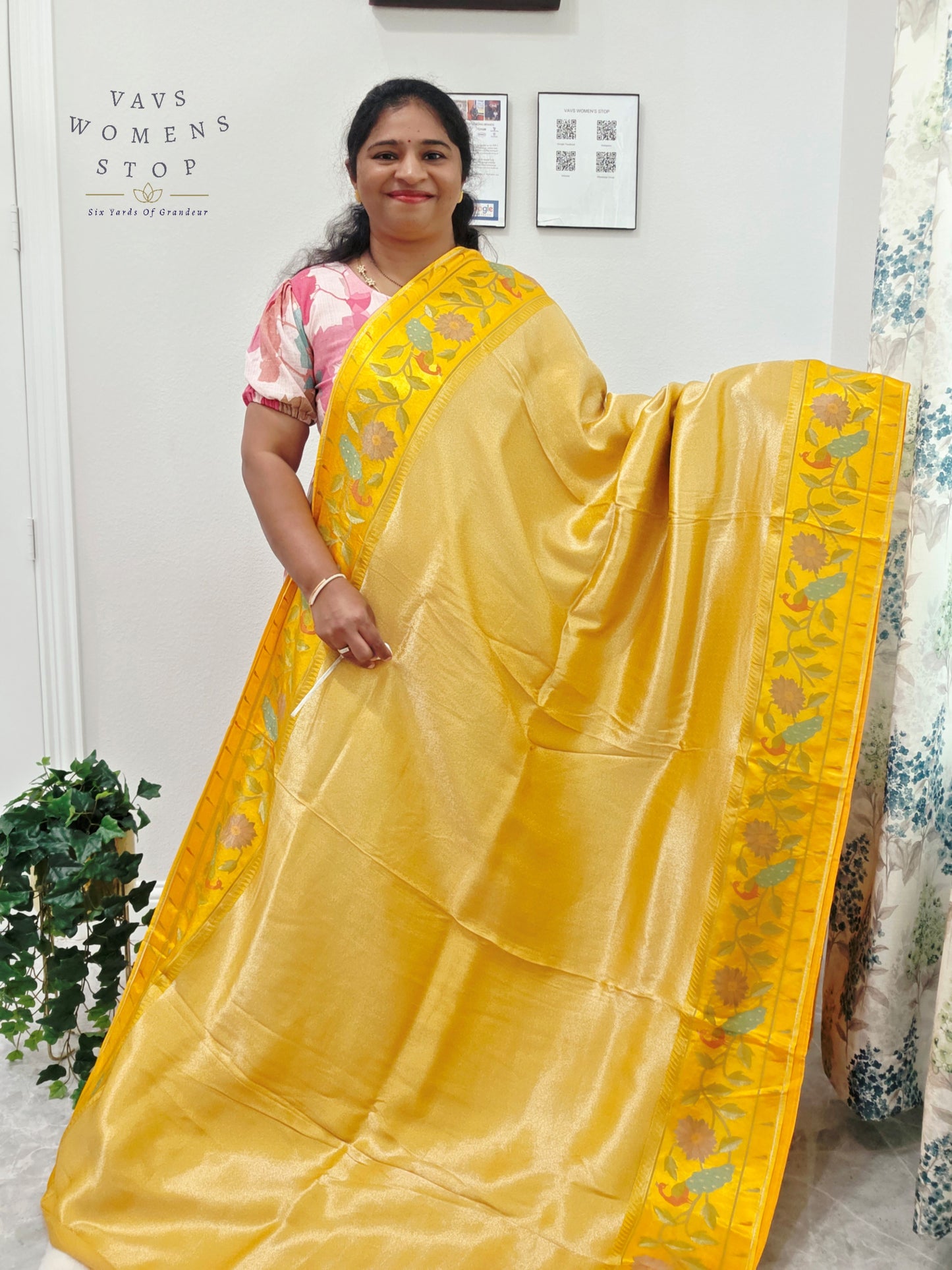 Sunlit Marigold Yellow Tissue Brocade Silk Saree with Floral Border & Stitched Blouse