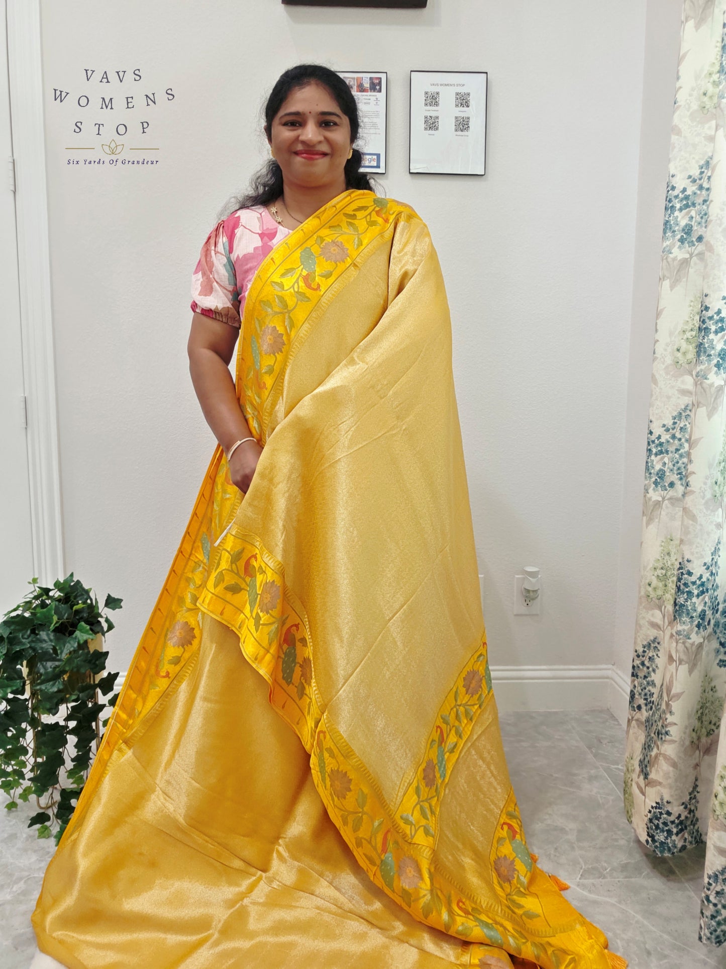 Sunlit Marigold Yellow Tissue Brocade Silk Saree with Floral Border & Stitched Blouse