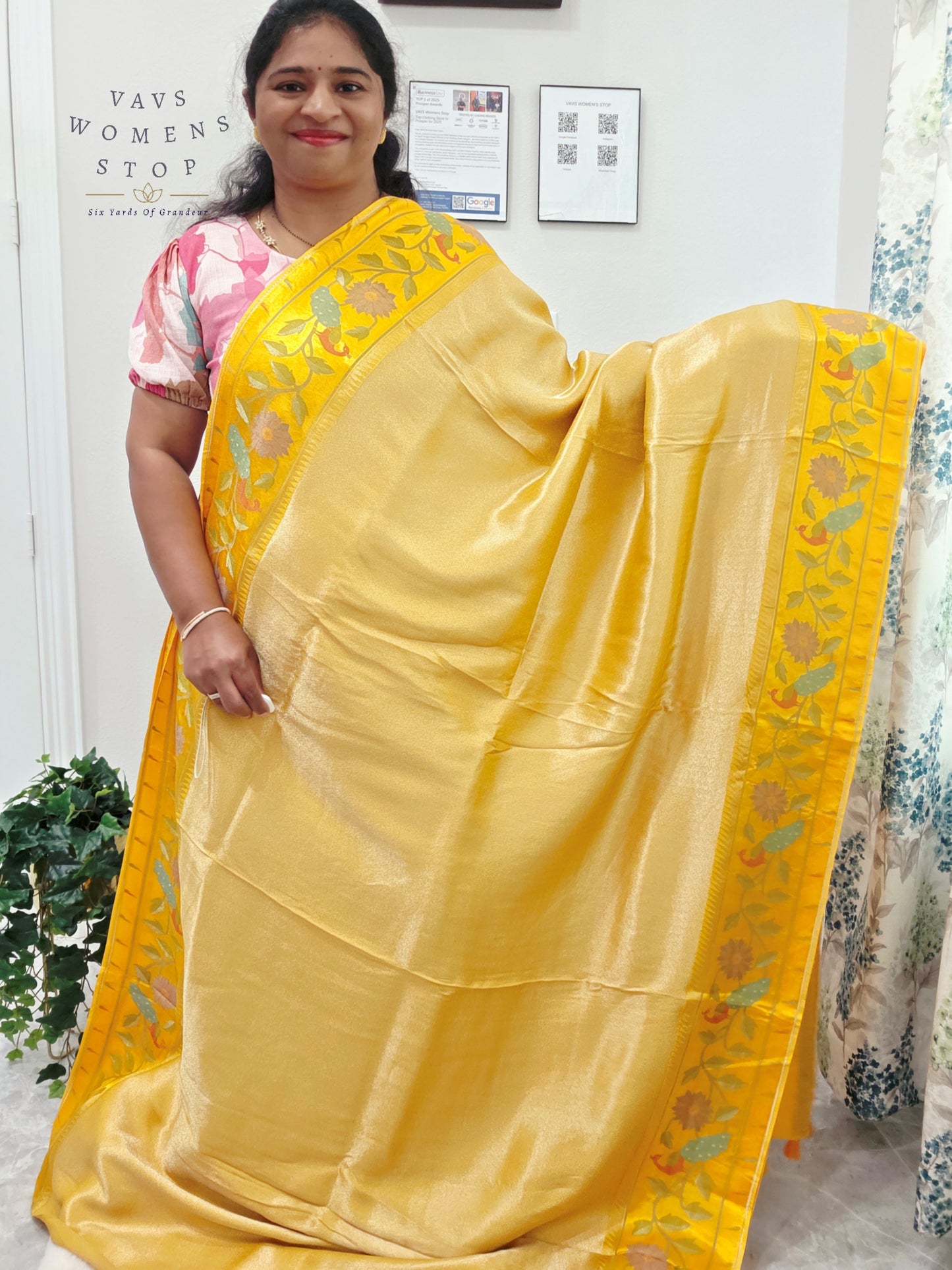 Sunlit Marigold Yellow Tissue Brocade Silk Saree with Floral Border & Stitched Blouse
