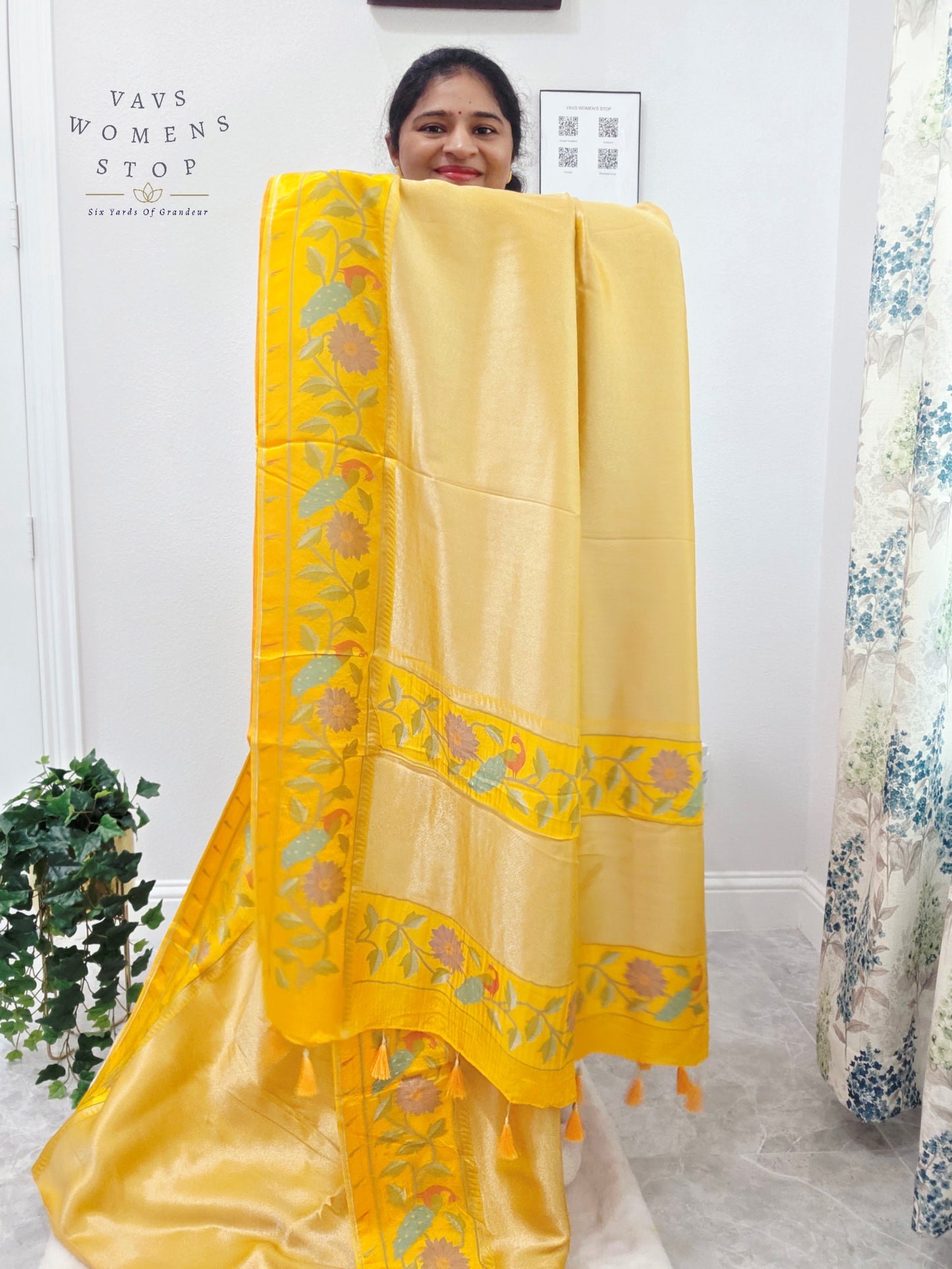 Sunlit Marigold Yellow Tissue Brocade Silk Saree with Floral Border & Stitched Blouse