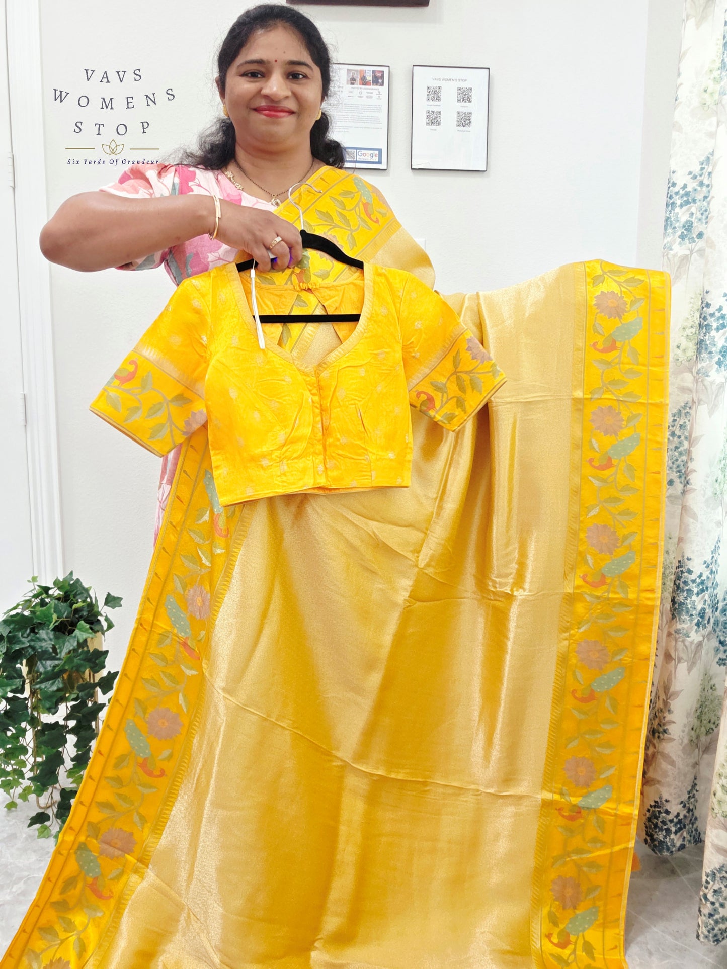 Sunlit Marigold Yellow Tissue Brocade Silk Saree with Floral Border & Stitched Blouse