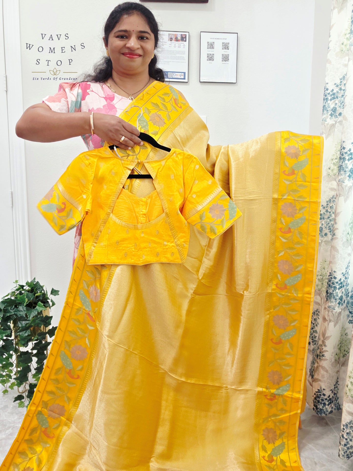 Sunlit Marigold Yellow Tissue Brocade Silk Saree with Floral Border & Stitched Blouse