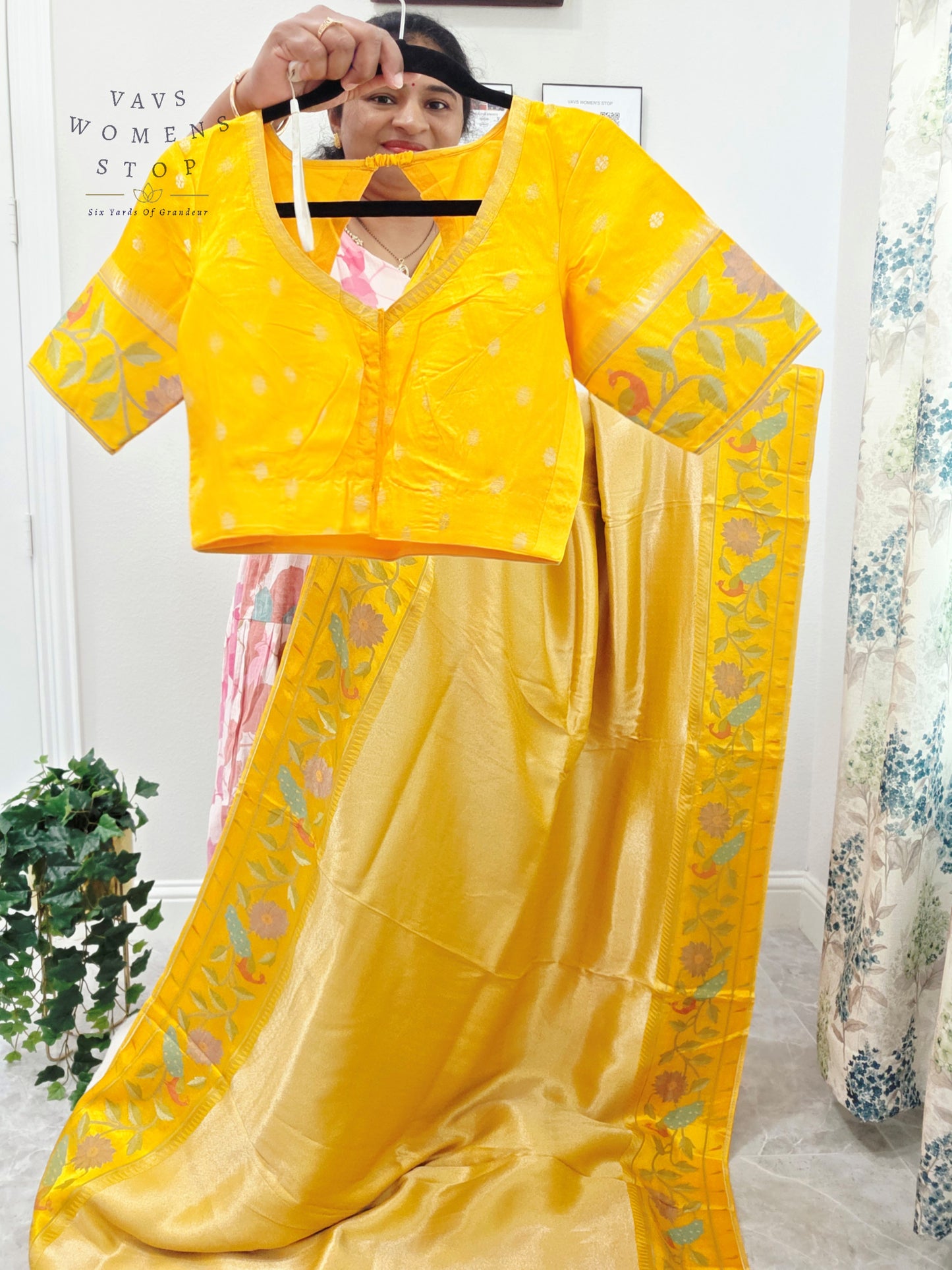 Sunlit Marigold Yellow Tissue Brocade Silk Saree with Floral Border & Stitched Blouse