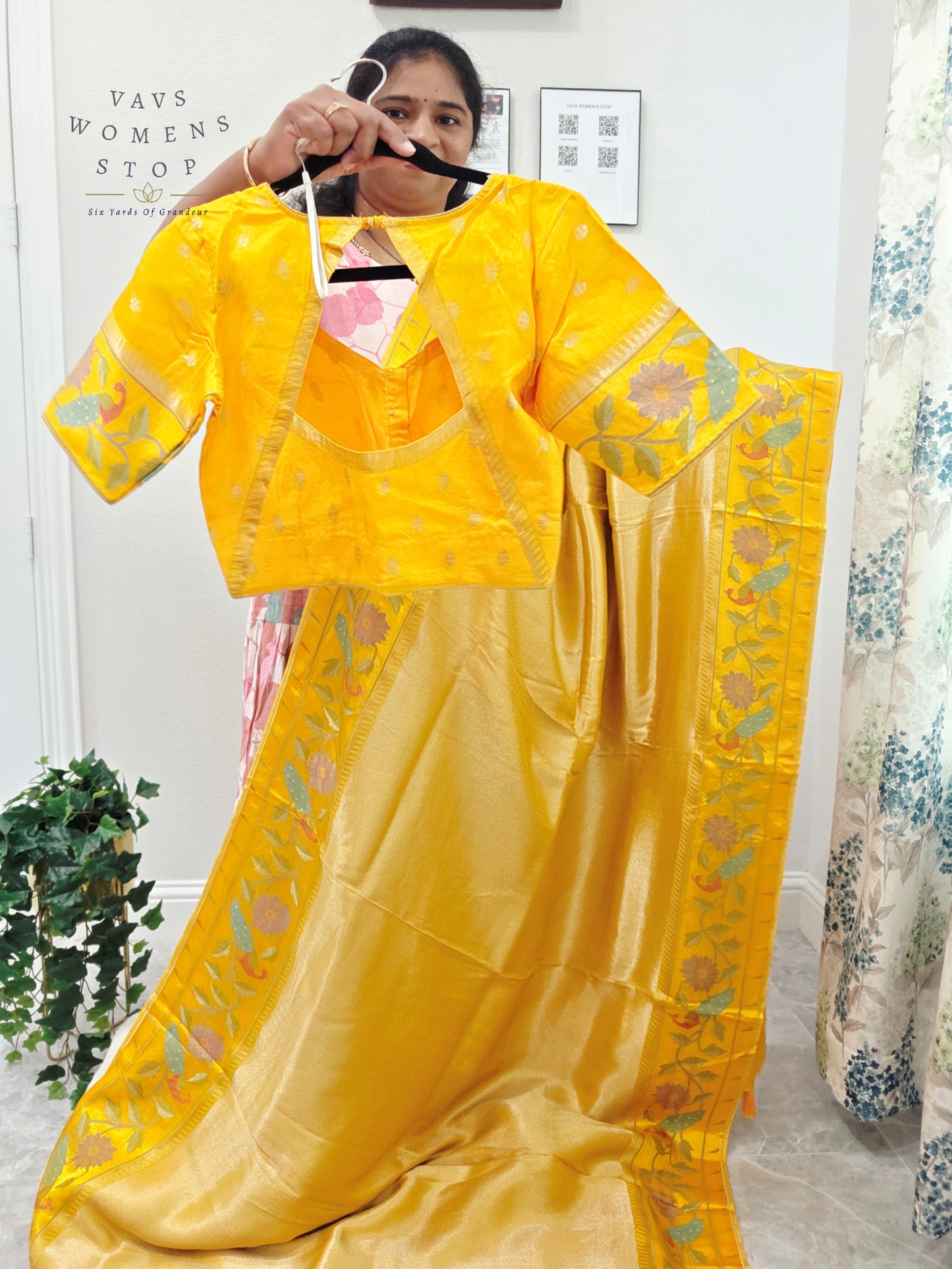 Sunlit Marigold Yellow Tissue Brocade Silk Saree with Floral Border & Stitched Blouse