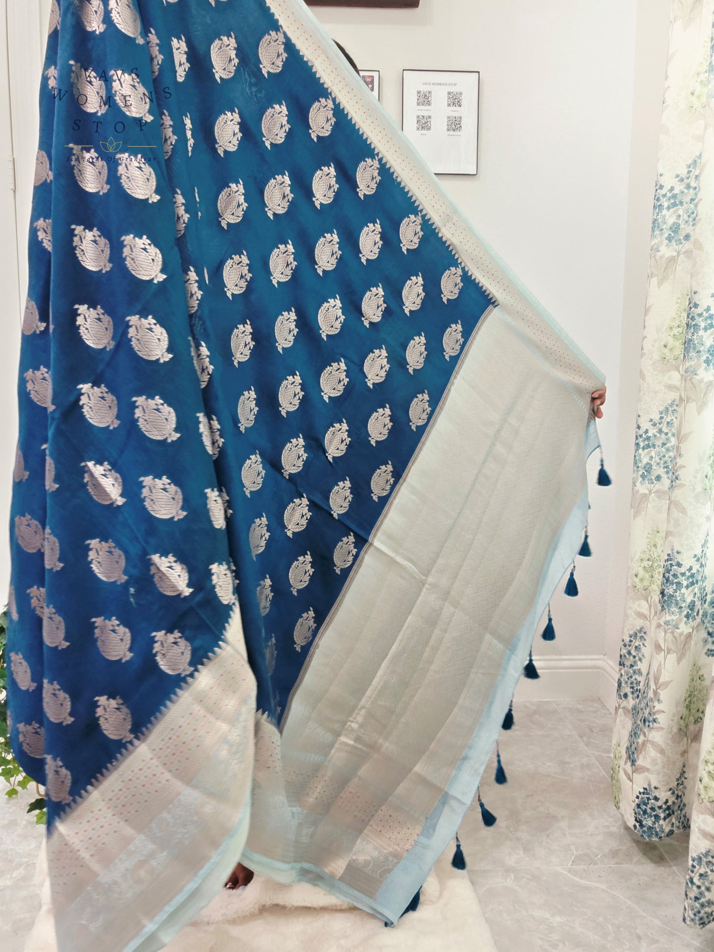 Royal Sapphire Blue Mango Benarasi Silk Saree with Silver Zari Border & Stitched Blouse Size 38-44
