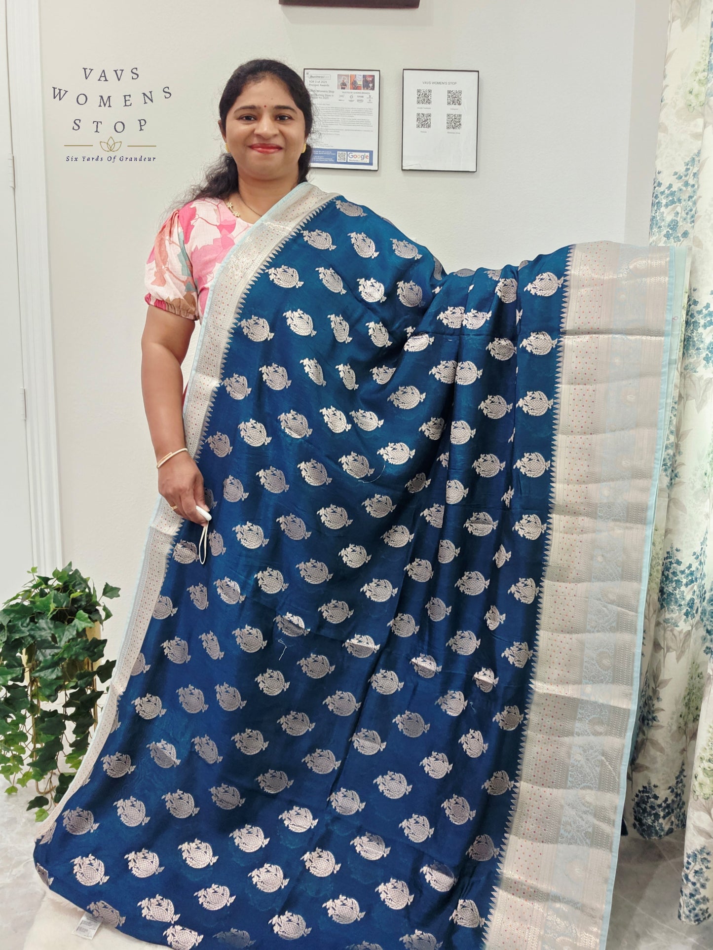 Royal Sapphire Blue Mango Benarasi Silk Saree with Silver Zari Border & Stitched Blouse Size 38-44