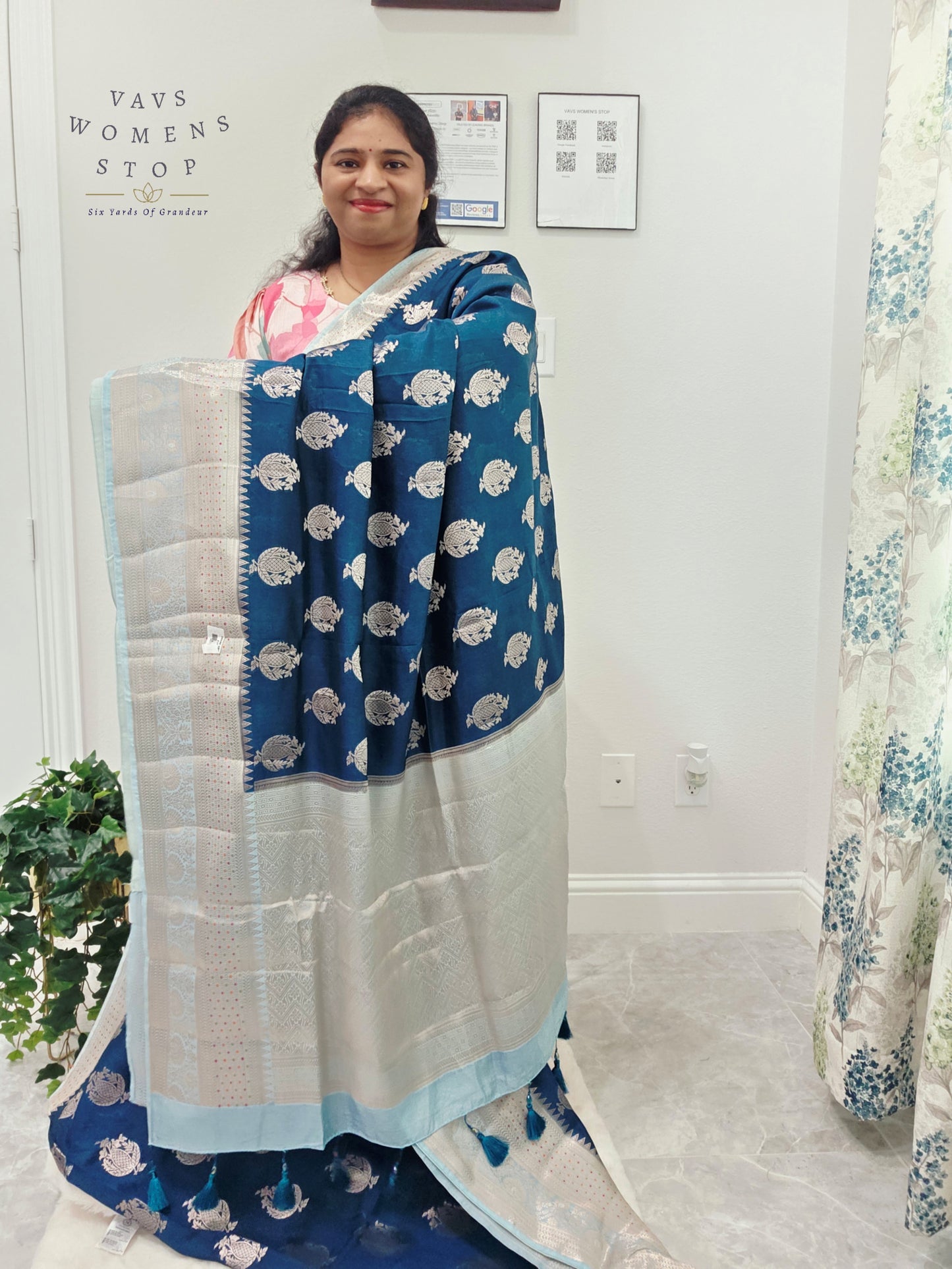 Royal Sapphire Blue Mango Benarasi Silk Saree with Silver Zari Border & Stitched Blouse Size 38-44
