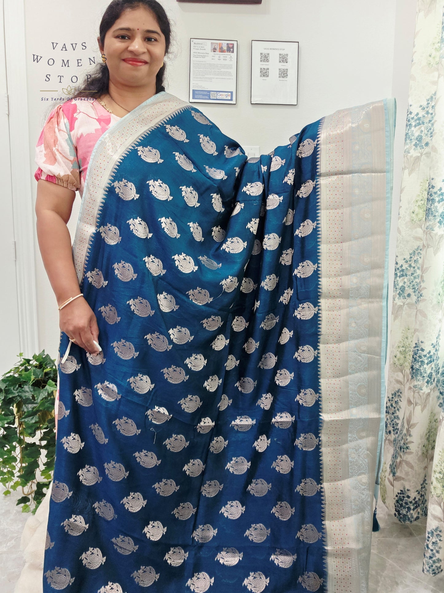 Royal Sapphire Blue Mango Benarasi Silk Saree with Silver Zari Border & Stitched Blouse Size 38-44