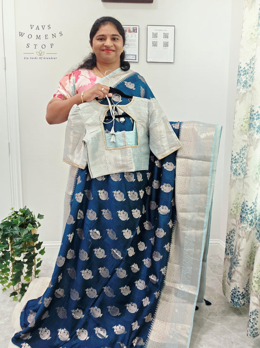 Royal Sapphire Blue Mango Benarasi Silk Saree with Silver Zari Border & Stitched Blouse Size 38-44