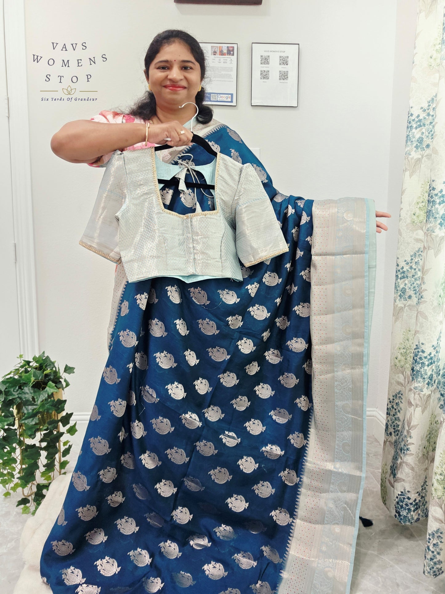 Royal Sapphire Blue Mango Benarasi Silk Saree with Silver Zari Border & Stitched Blouse Size 38-44