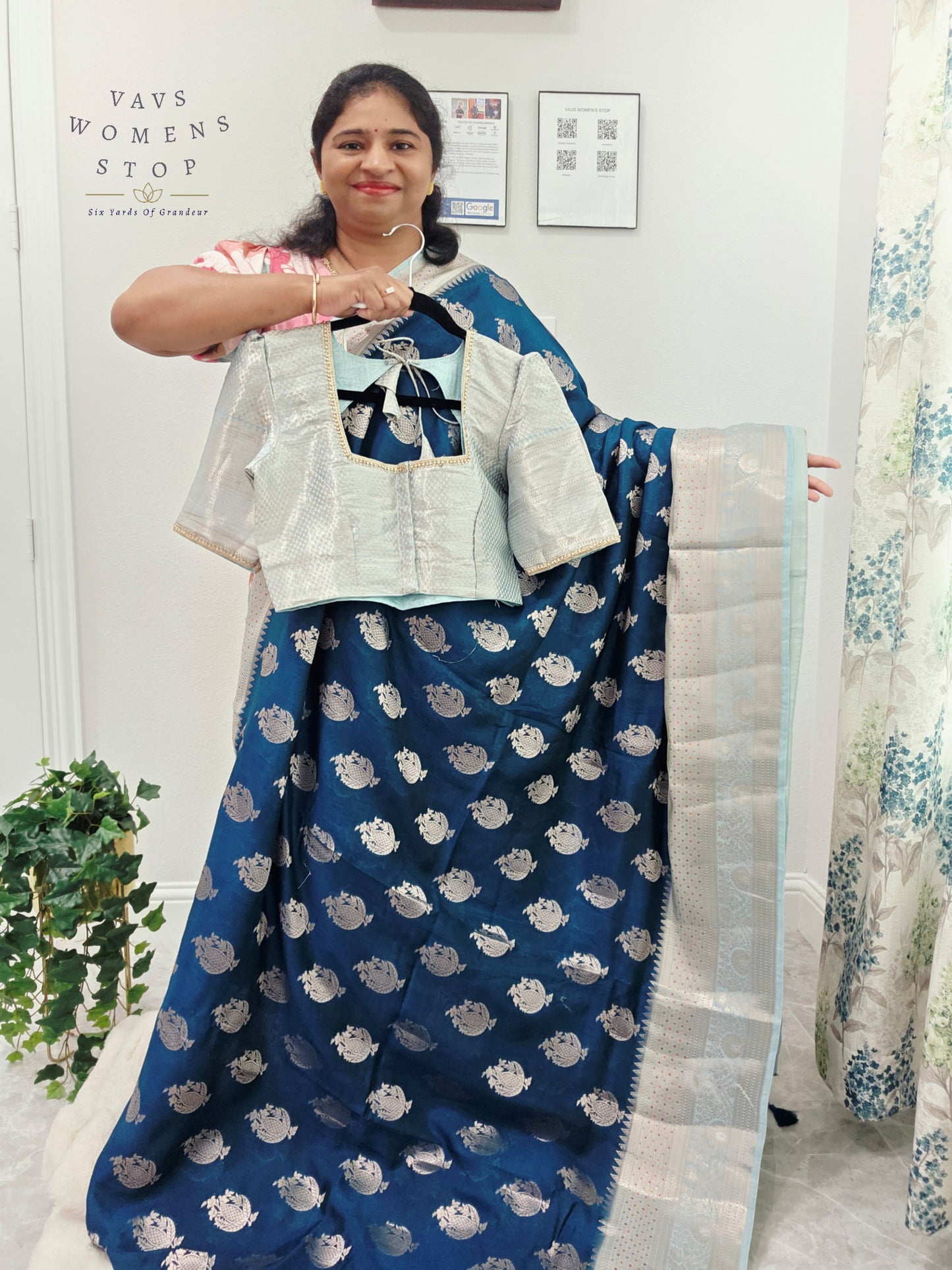 Royal Sapphire Blue Mango Benarasi Silk Saree with Silver Zari Border & Stitched Blouse Size 38-44