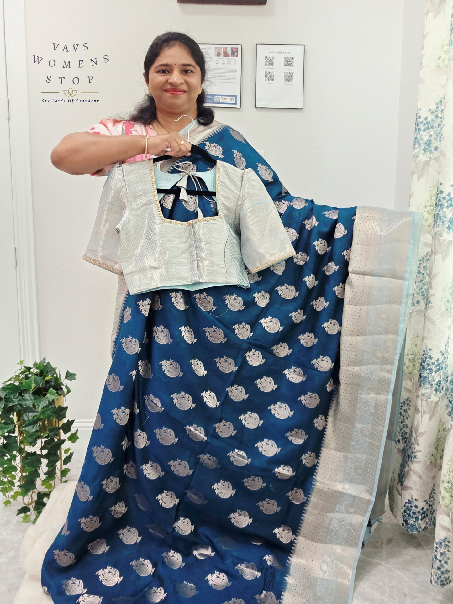 Royal Sapphire Blue Mango Benarasi Silk Saree with Silver Zari Border & Stitched Blouse Size 38-44