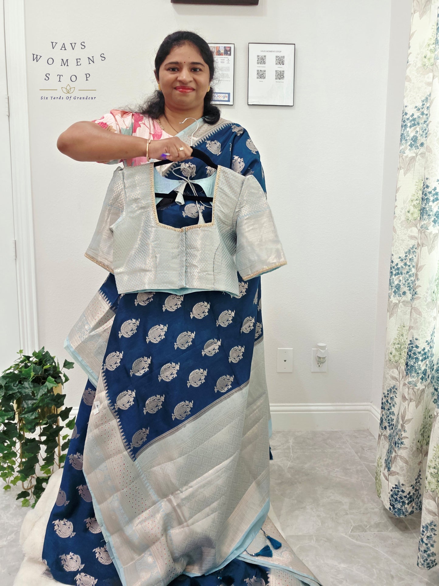 Royal Sapphire Blue Mango Benarasi Silk Saree with Silver Zari Border & Stitched Blouse Size 38-44