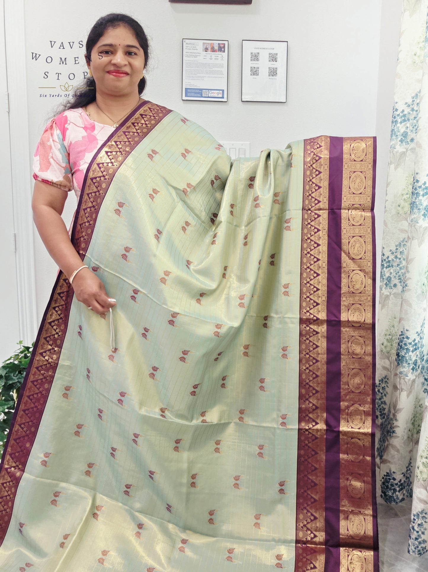 Celestial Mint Semi Kanchi Soft Silk Tissue Saree with Love Birds Motif Buttas & Designer Stitched Blouse
