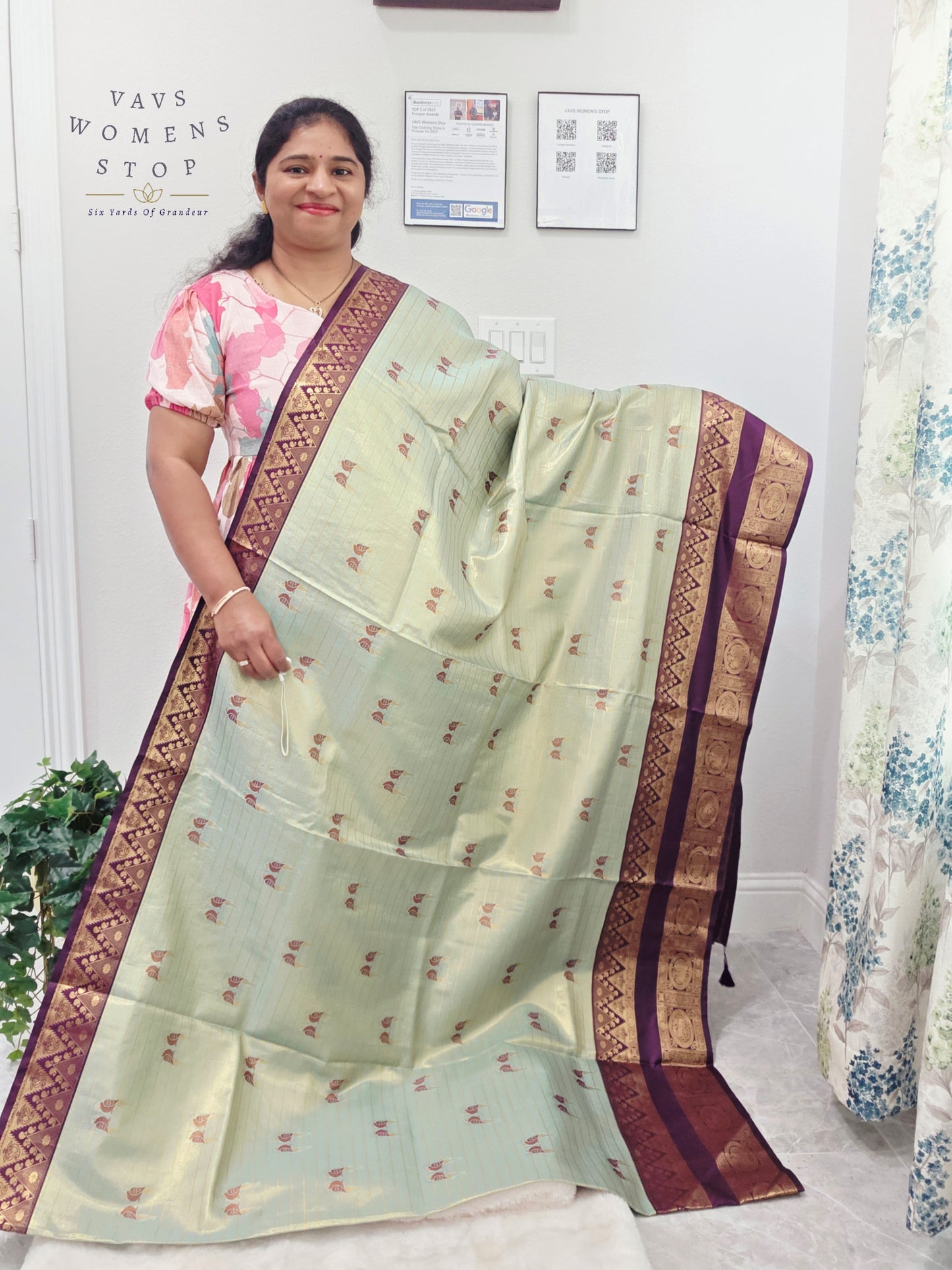 Celestial Mint Semi Kanchi Soft Silk Tissue Saree with Love Birds Motif Buttas & Designer Stitched Blouse
