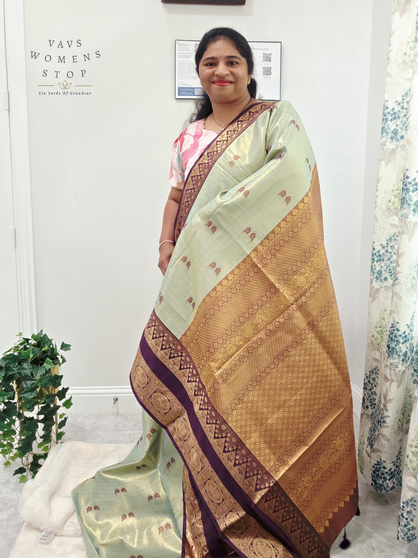 Celestial Mint Semi Kanchi Soft Silk Tissue Saree with Love Birds Motif Buttas & Designer Stitched Blouse