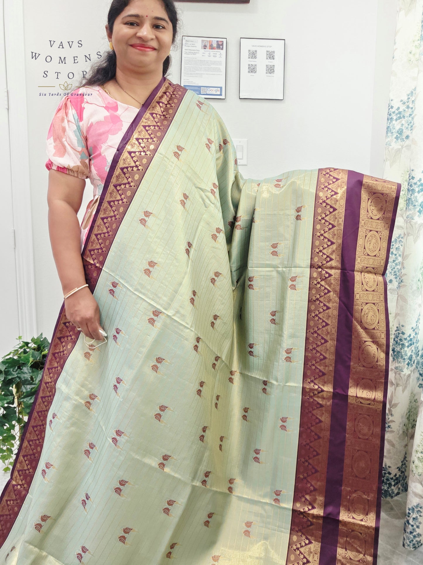 Celestial Mint Semi Kanchi Soft Silk Tissue Saree with Love Birds Motif Buttas & Designer Stitched Blouse