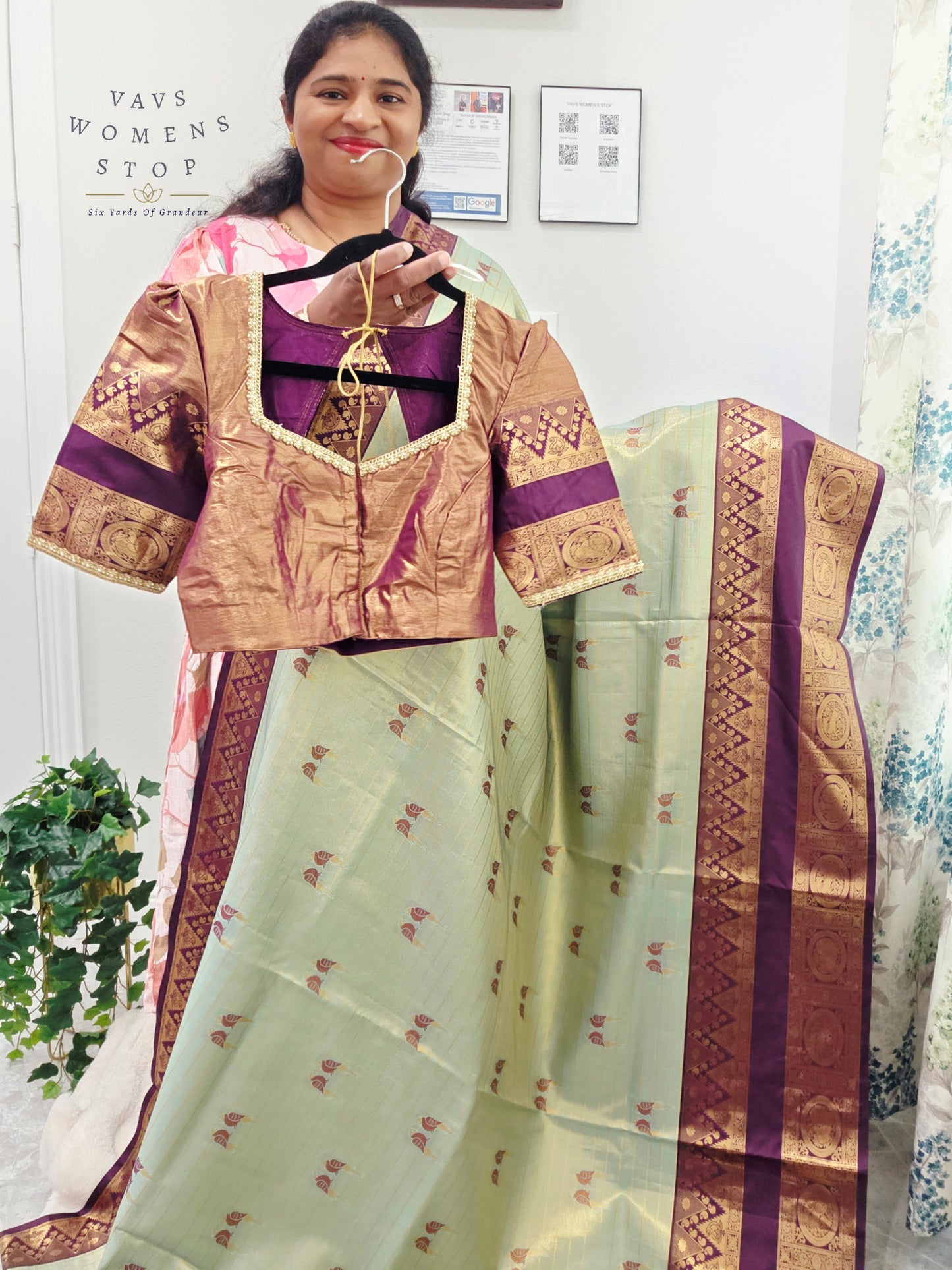 Celestial Mint Semi Kanchi Soft Silk Tissue Saree with Love Birds Motif Buttas & Designer Stitched Blouse