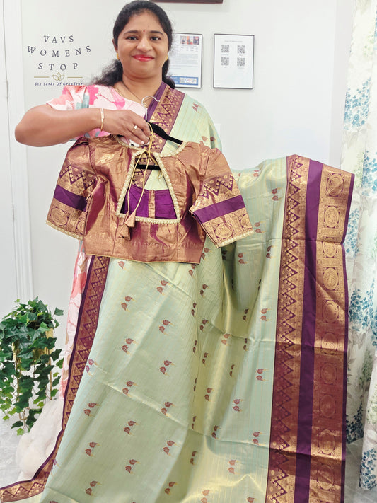 Celestial Mint Semi Kanchi Soft Silk Tissue Saree with Love Birds Motif Buttas & Designer Stitched Blouse