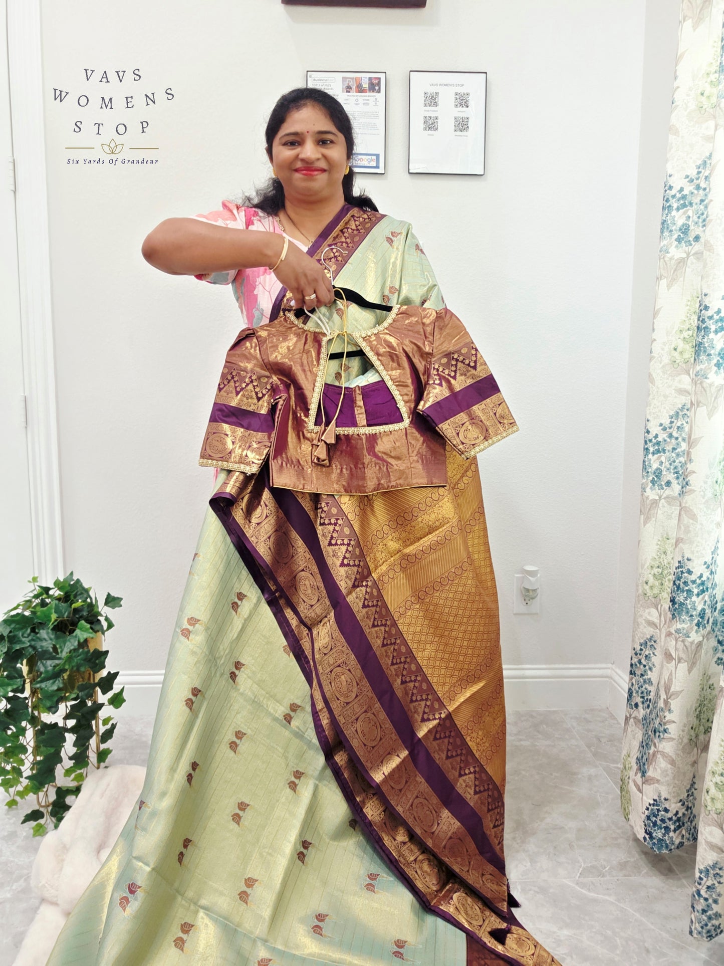 Celestial Mint Semi Kanchi Soft Silk Tissue Saree with Love Birds Motif Buttas & Designer Stitched Blouse