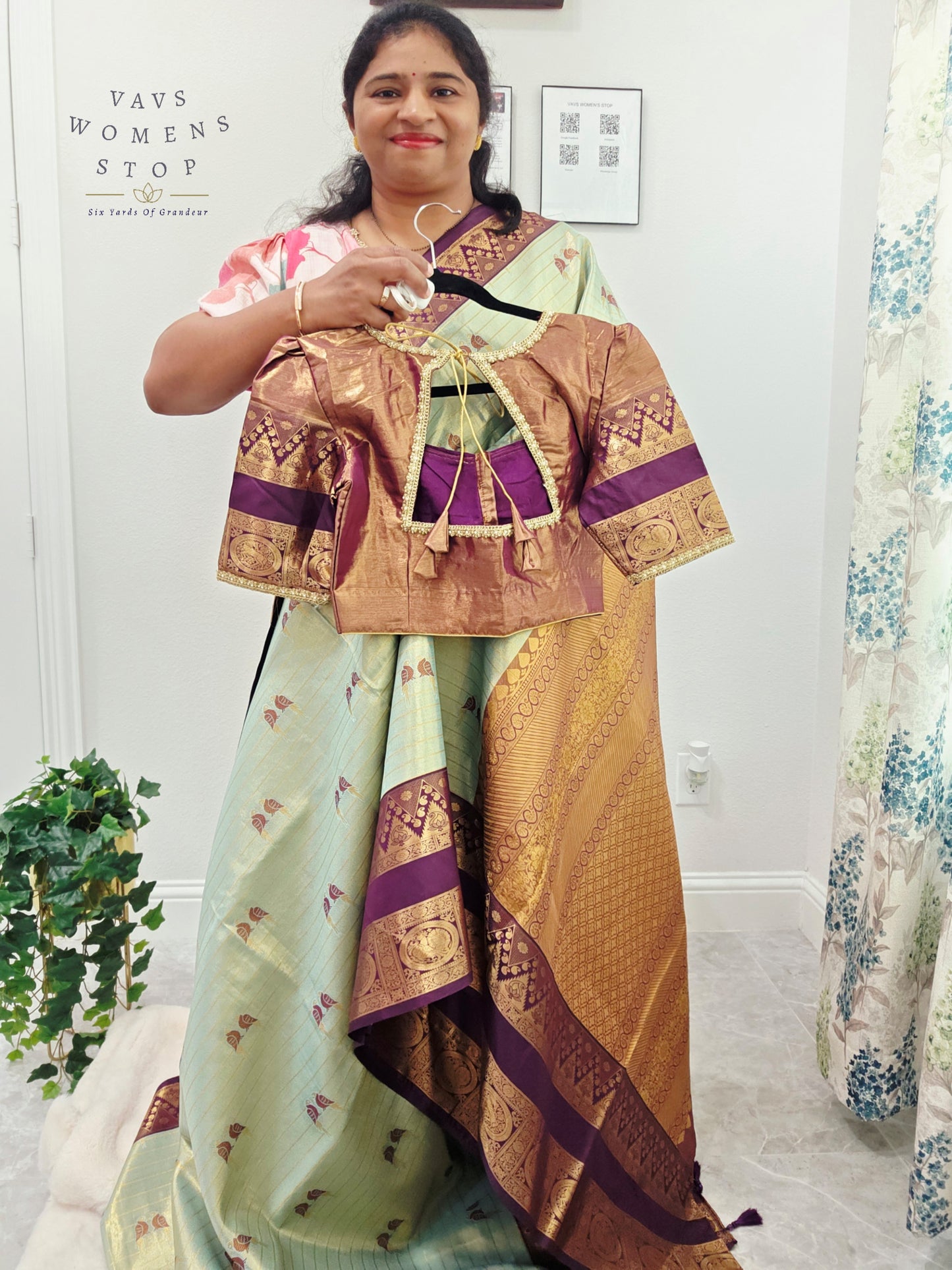 Celestial Mint Semi Kanchi Soft Silk Tissue Saree with Love Birds Motif Buttas & Designer Stitched Blouse