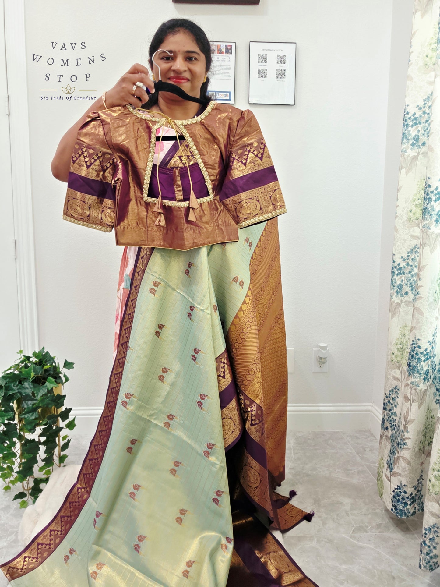Celestial Mint Semi Kanchi Soft Silk Tissue Saree with Love Birds Motif Buttas & Designer Stitched Blouse