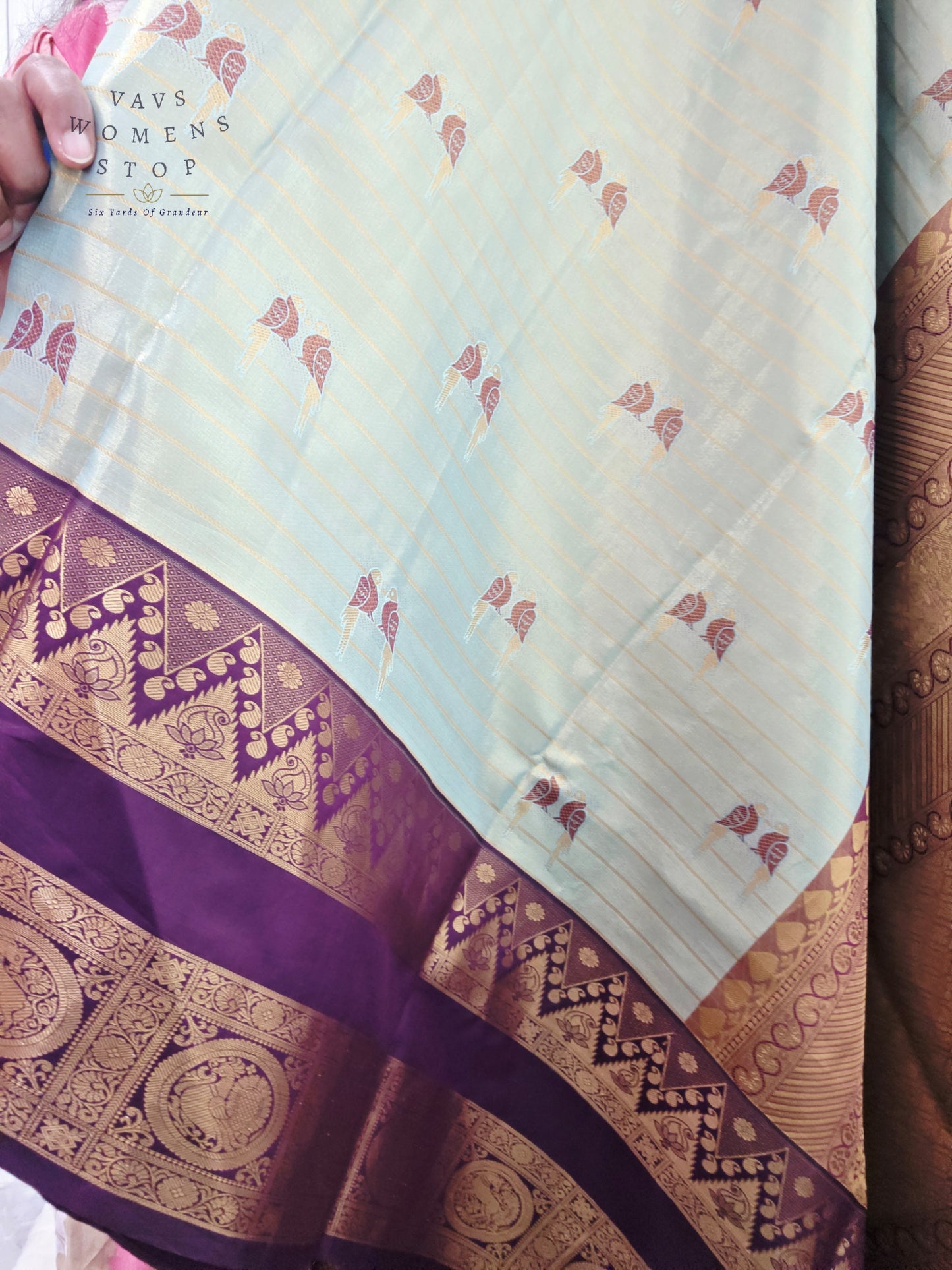 Celestial Mint Semi Kanchi Soft Silk Tissue Saree with Love Birds Motif Buttas & Designer Stitched Blouse