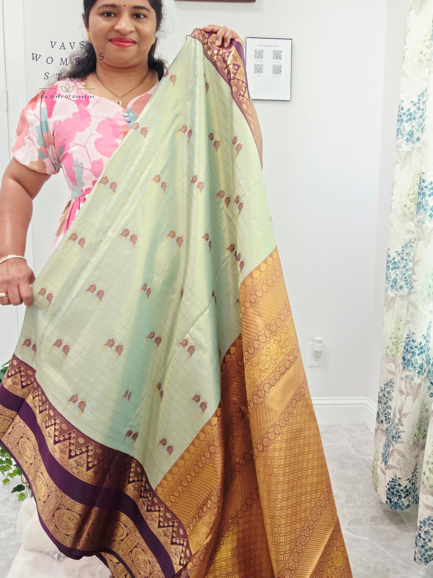 Celestial Mint Semi Kanchi Soft Silk Tissue Saree with Love Birds Motif Buttas & Designer Stitched Blouse