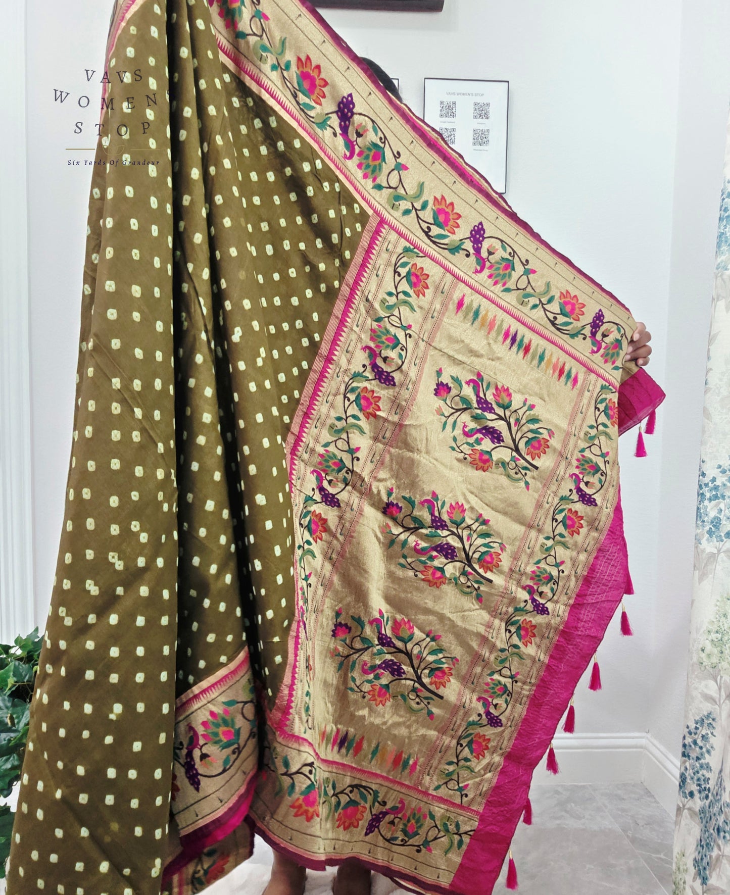 Royal Olive Moss Green Munga Silk Bandhani Saree with Paithani Pallu & Designer Blouse Size 36-42