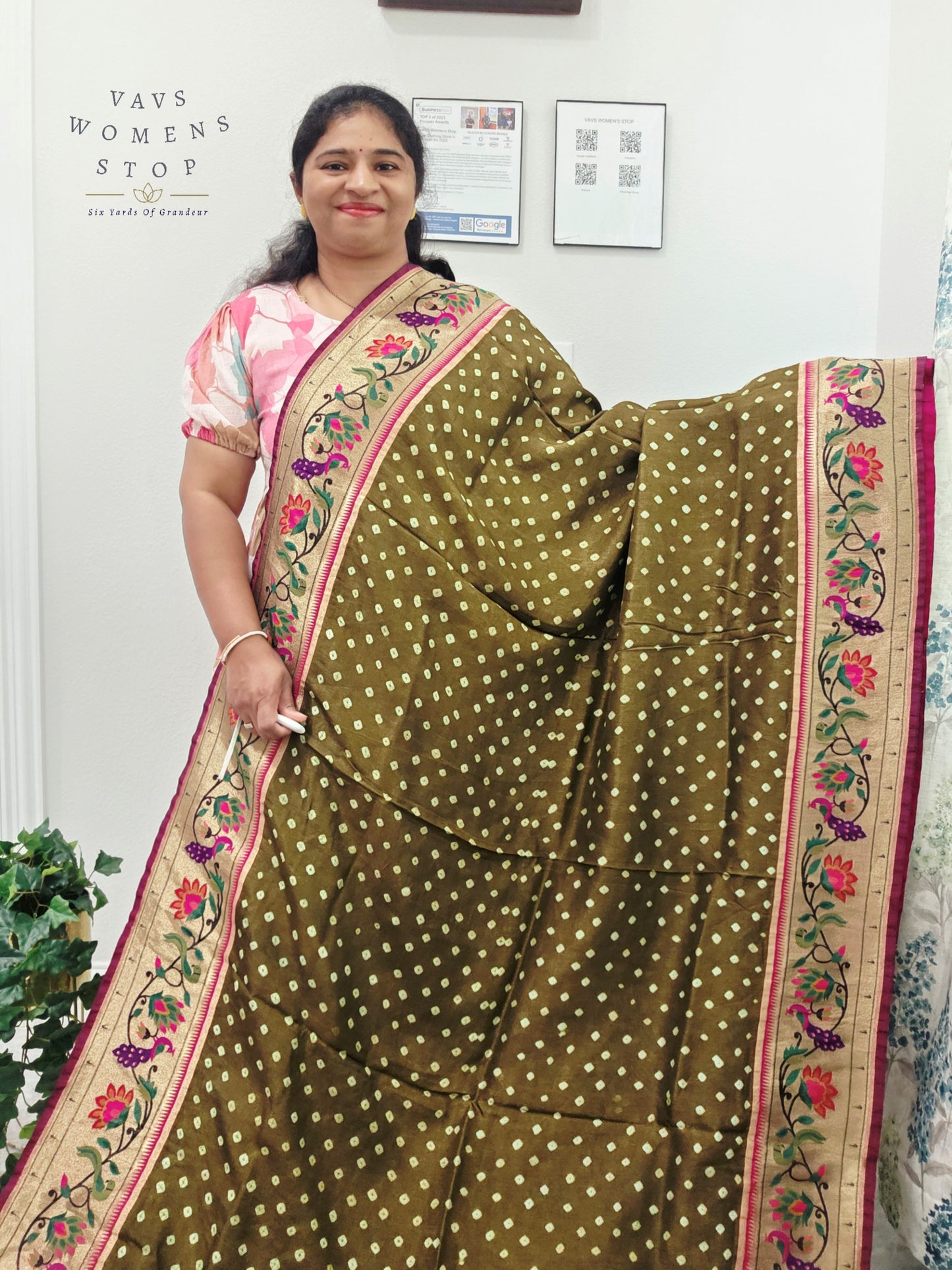Royal Olive Moss Green Munga Silk Bandhani Saree with Paithani Pallu & Designer Blouse Size 36-42