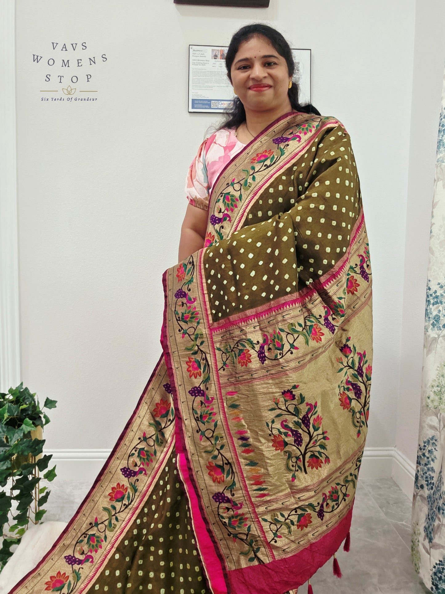 Royal Olive Moss Green Munga Silk Bandhani Saree with Paithani Pallu & Designer Blouse Size 36-42