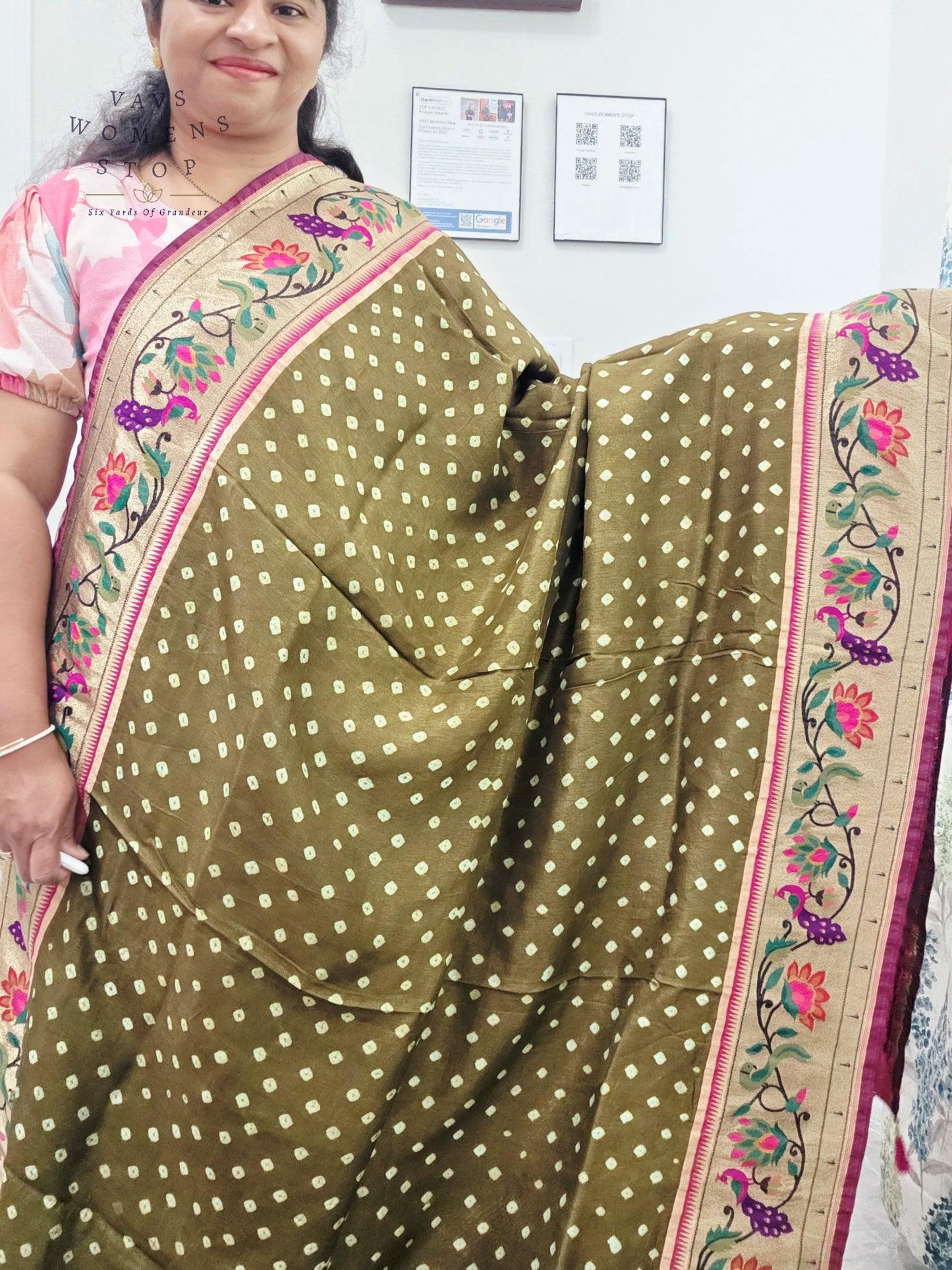 Royal Olive Moss Green Munga Silk Bandhani Saree with Paithani Pallu & Designer Blouse Size 36-42