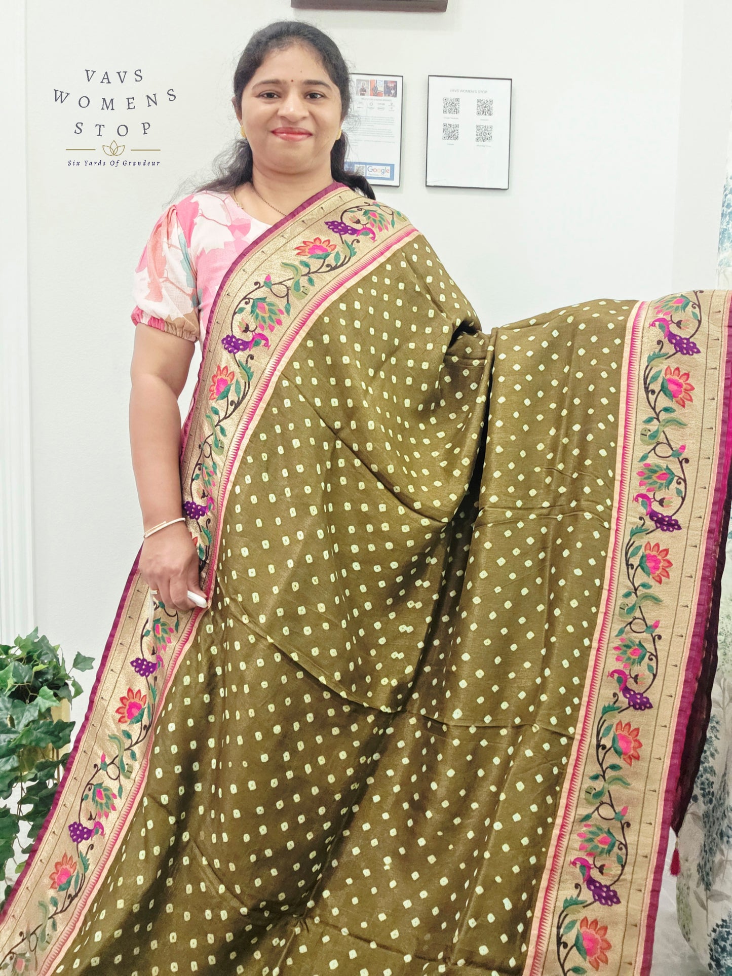 Royal Olive Moss Green Munga Silk Bandhani Saree with Paithani Pallu & Designer Blouse Size 36-42