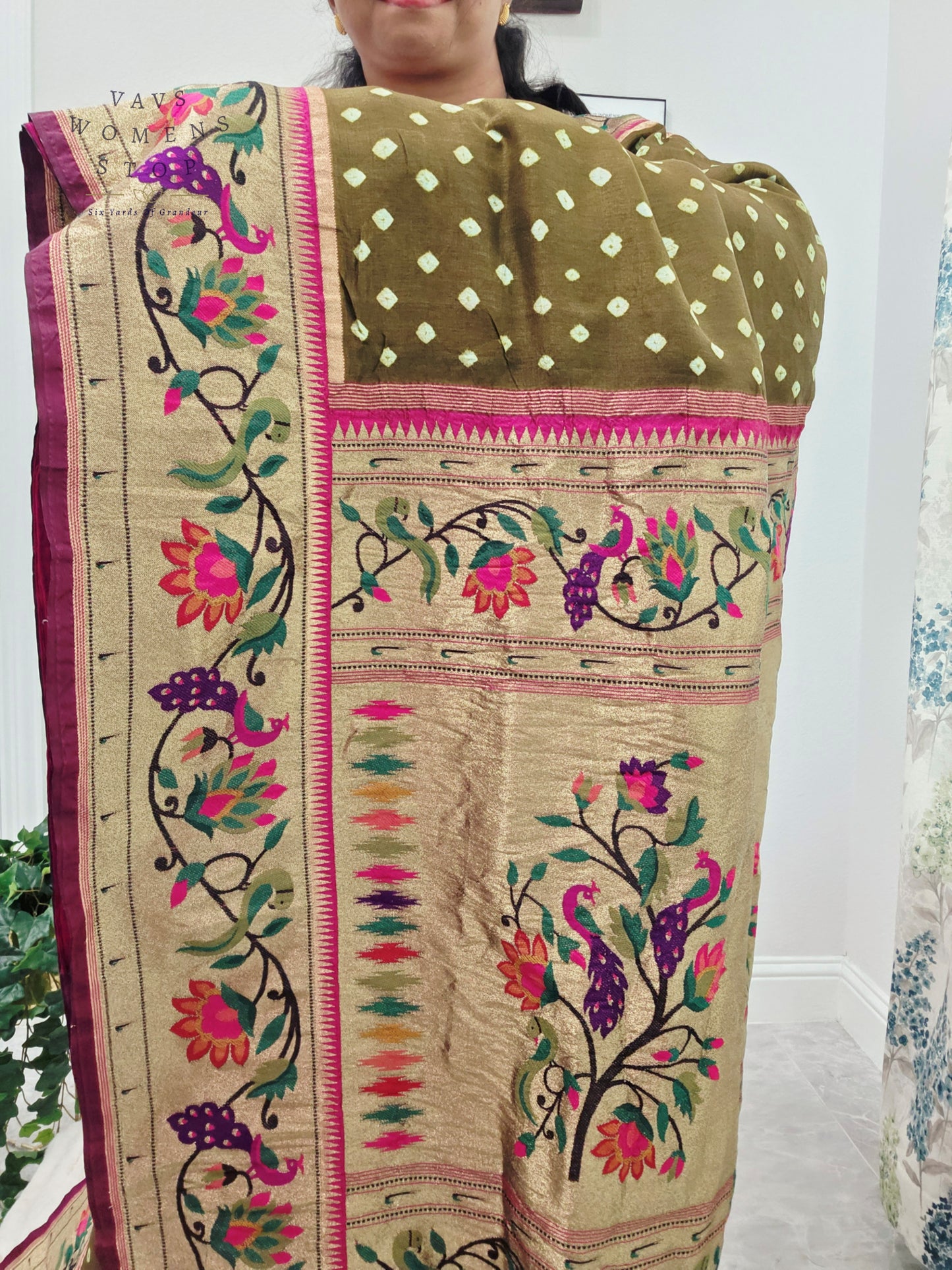 Royal Olive Moss Green Munga Silk Bandhani Saree with Paithani Pallu & Designer Blouse Size 36-42