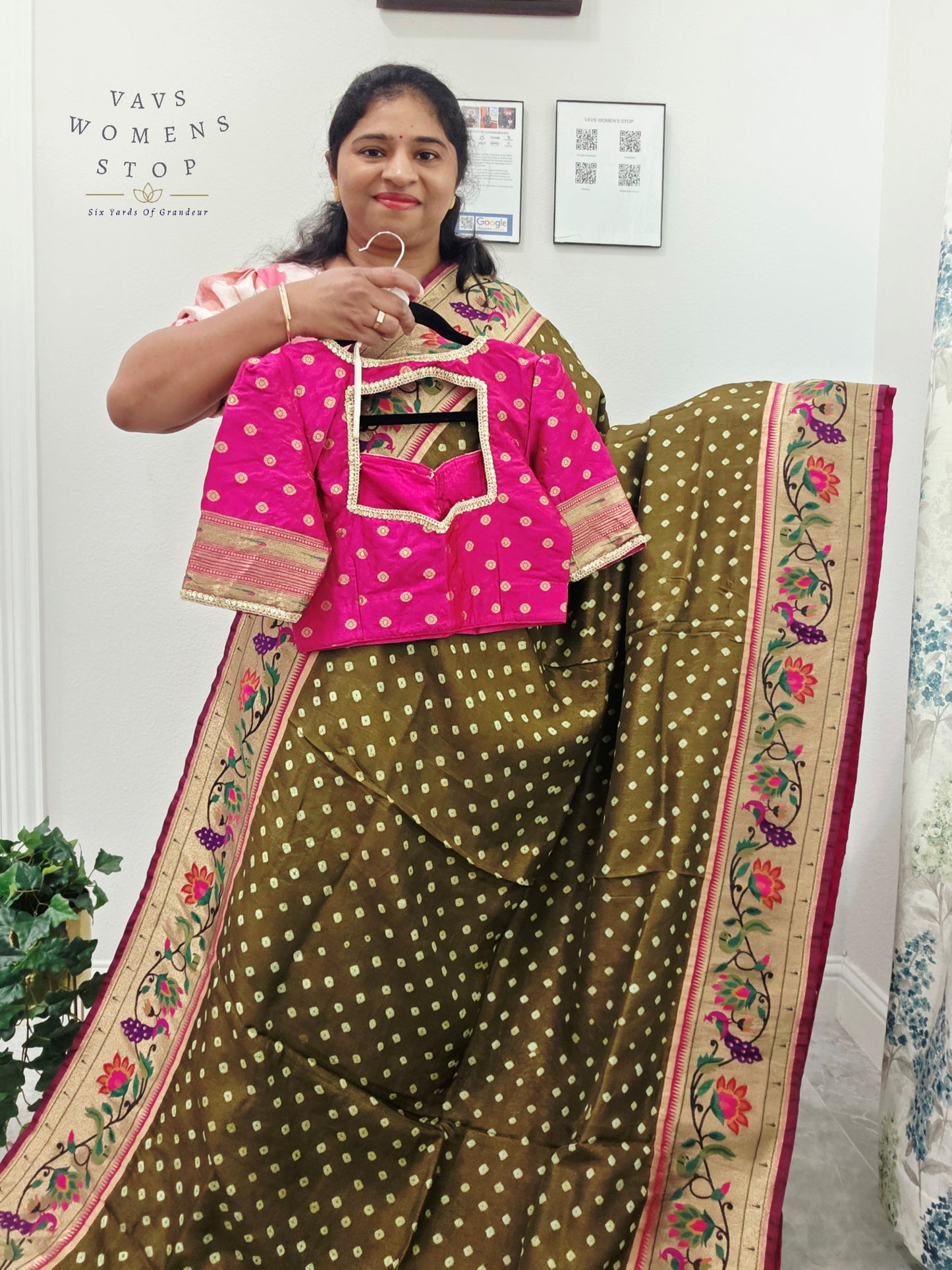 Royal Olive Moss Green Munga Silk Bandhani Saree with Paithani Pallu & Designer Blouse Size 36-42