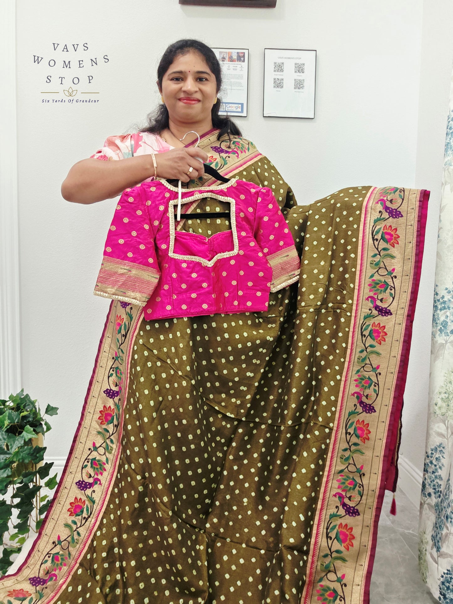 Royal Olive Moss Green Munga Silk Bandhani Saree with Paithani Pallu & Designer Blouse Size 36-42