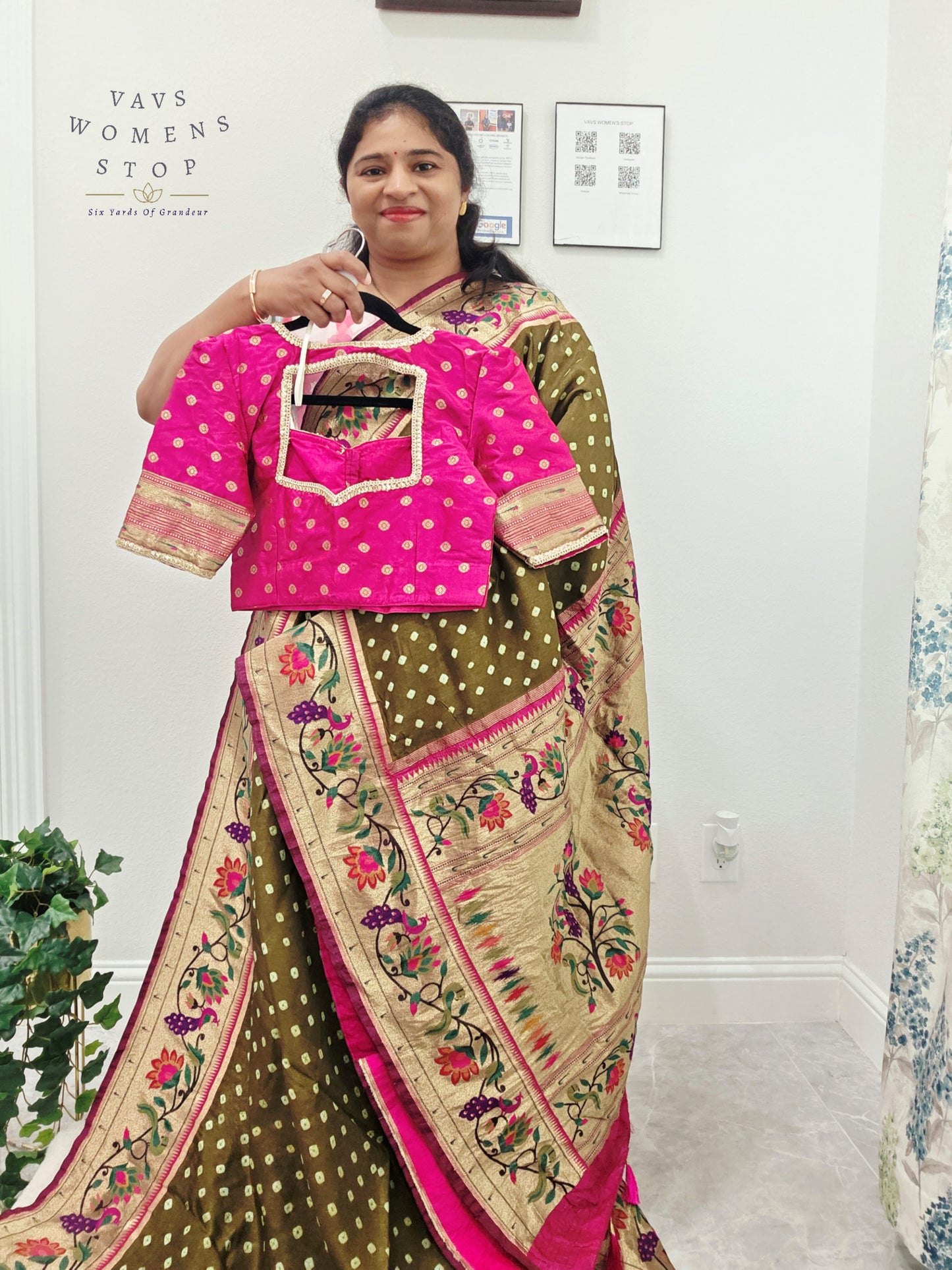 Royal Olive Moss Green Munga Silk Bandhani Saree with Paithani Pallu & Designer Blouse Size 36-42