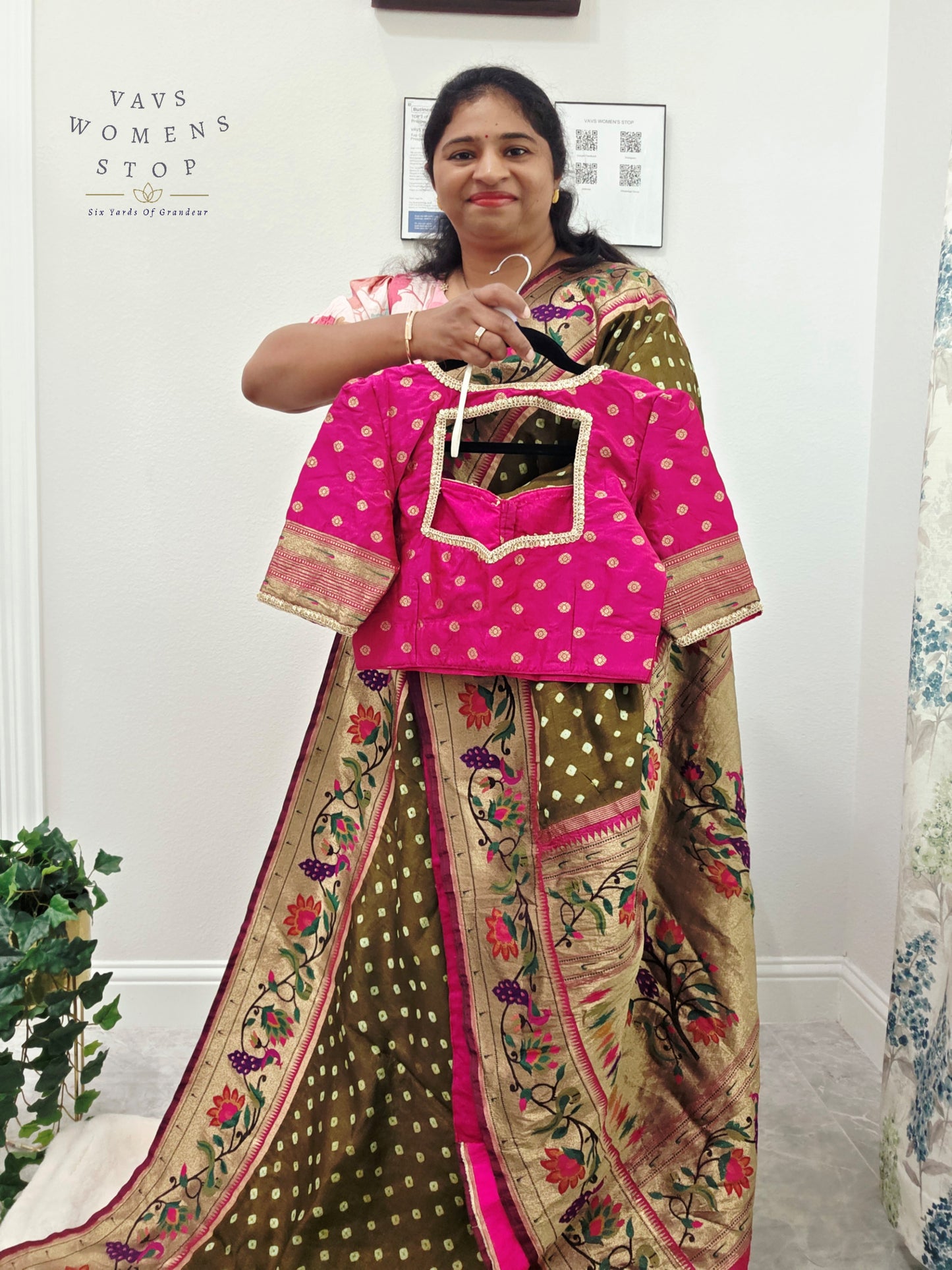 Royal Olive Moss Green Munga Silk Bandhani Saree with Paithani Pallu & Designer Blouse Size 36-42