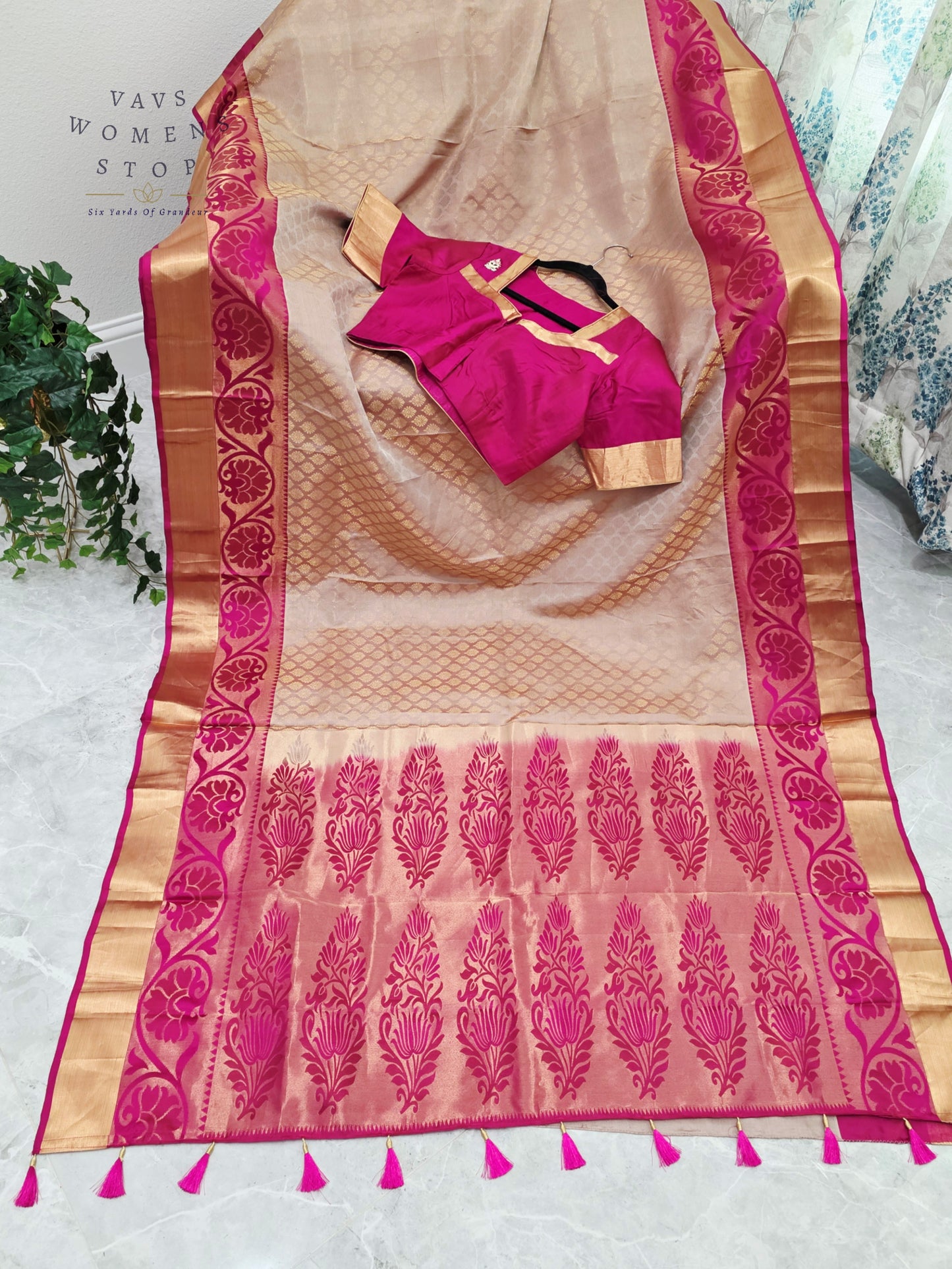 Regal Champagne Gold Pure Kanchi Handloom Double Warp Soft Silk Saree with Rani Pink Zari Border & Stitched Blouse