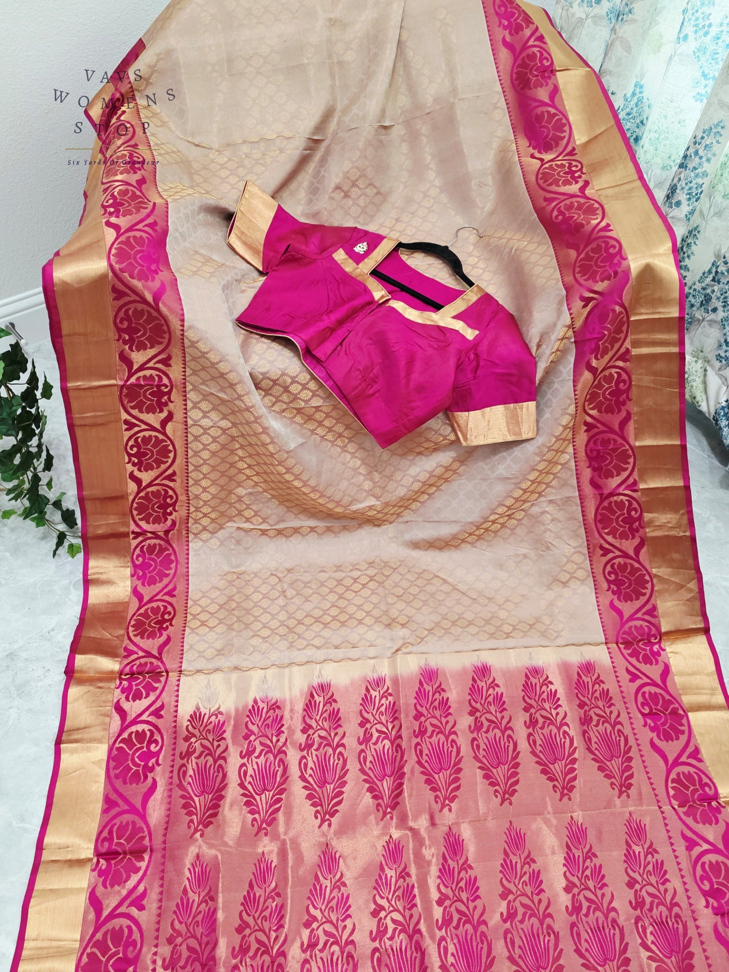 Regal Champagne Gold Pure Kanchi Handloom Double Warp Soft Silk Saree with Rani Pink Zari Border & Stitched Blouse