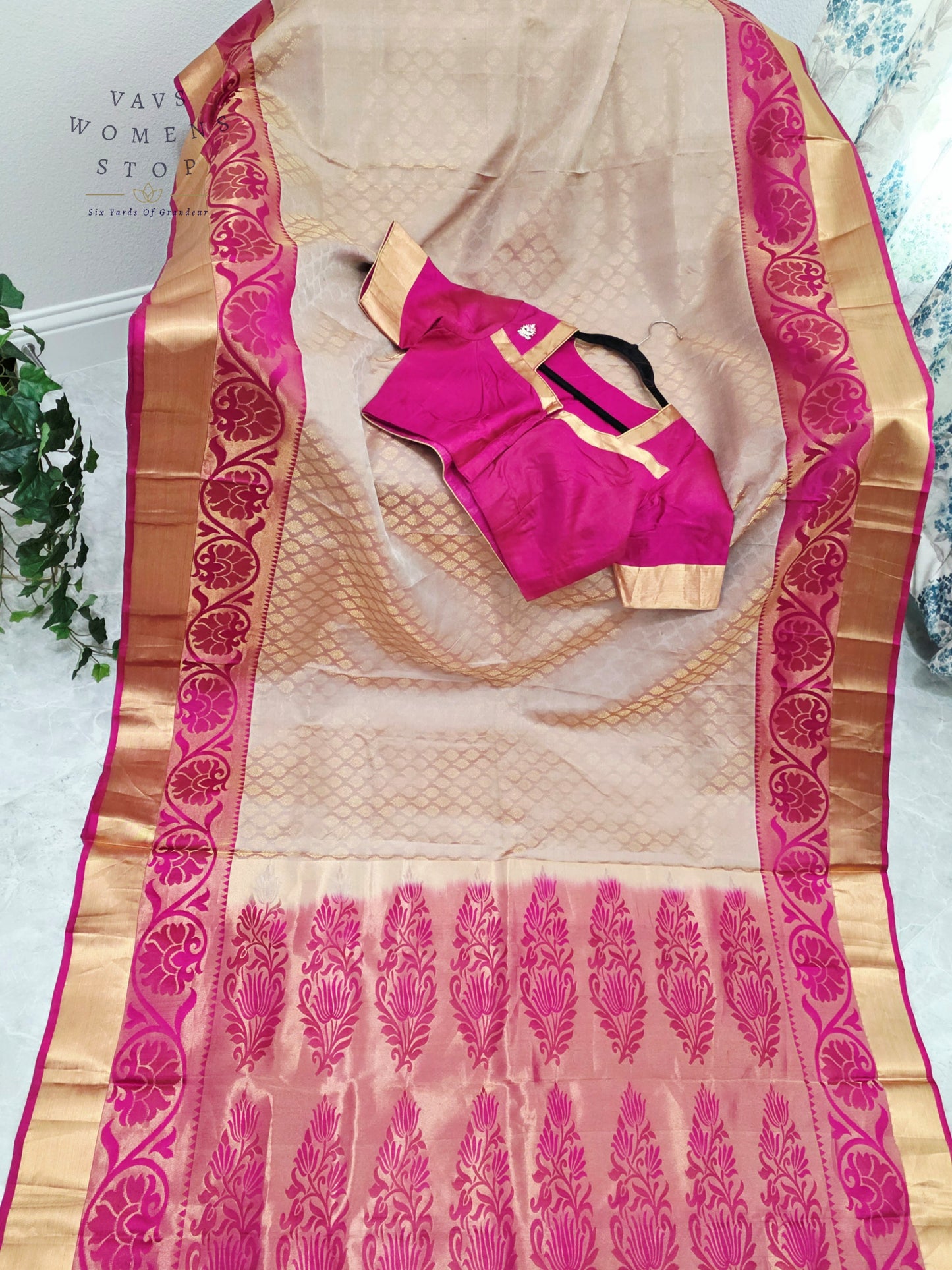 Regal Champagne Gold Pure Kanchi Handloom Double Warp Soft Silk Saree with Rani Pink Zari Border & Stitched Blouse